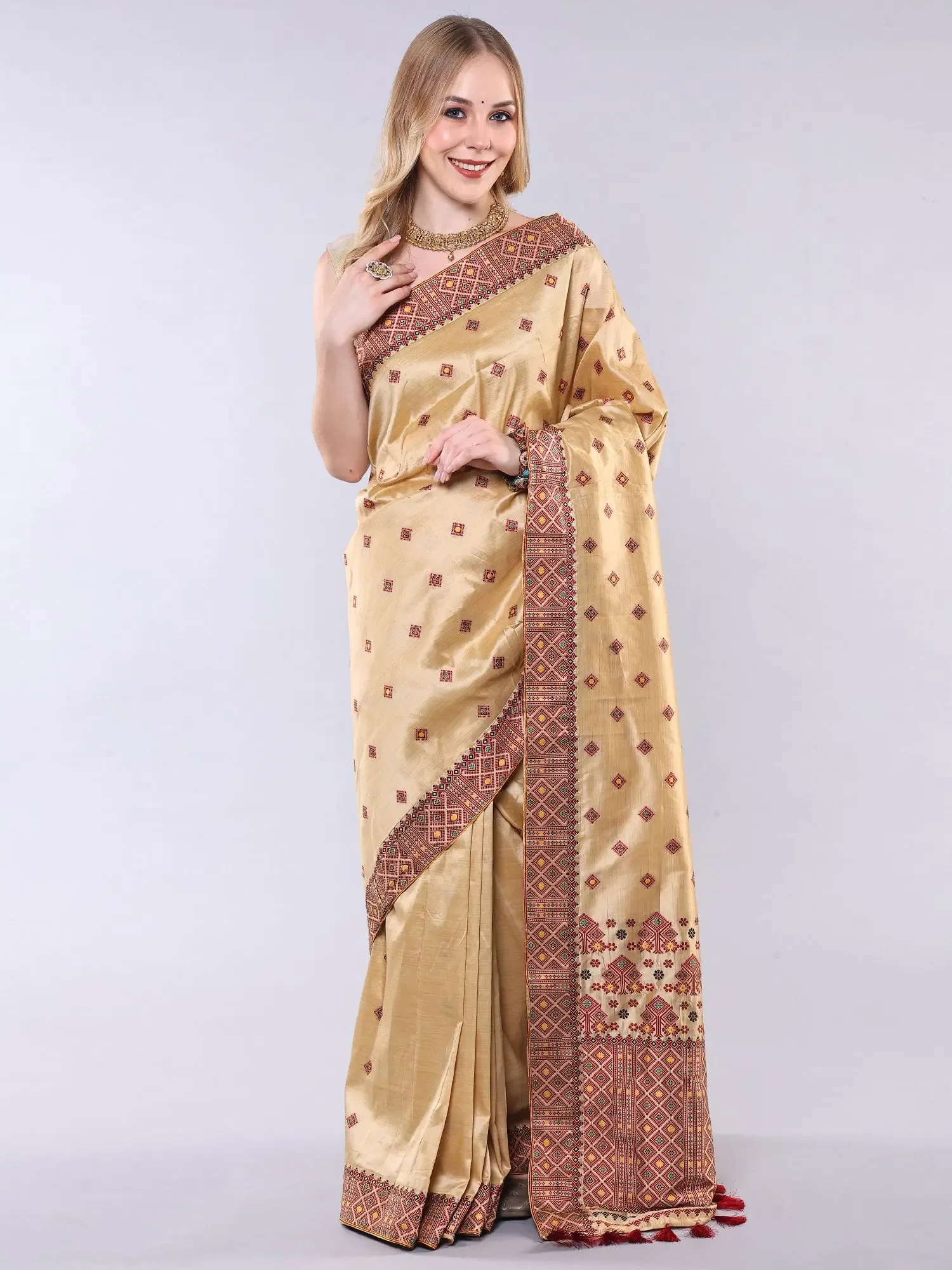 Assam Traditional Muga Saree with Woven Bootis and Patch Border