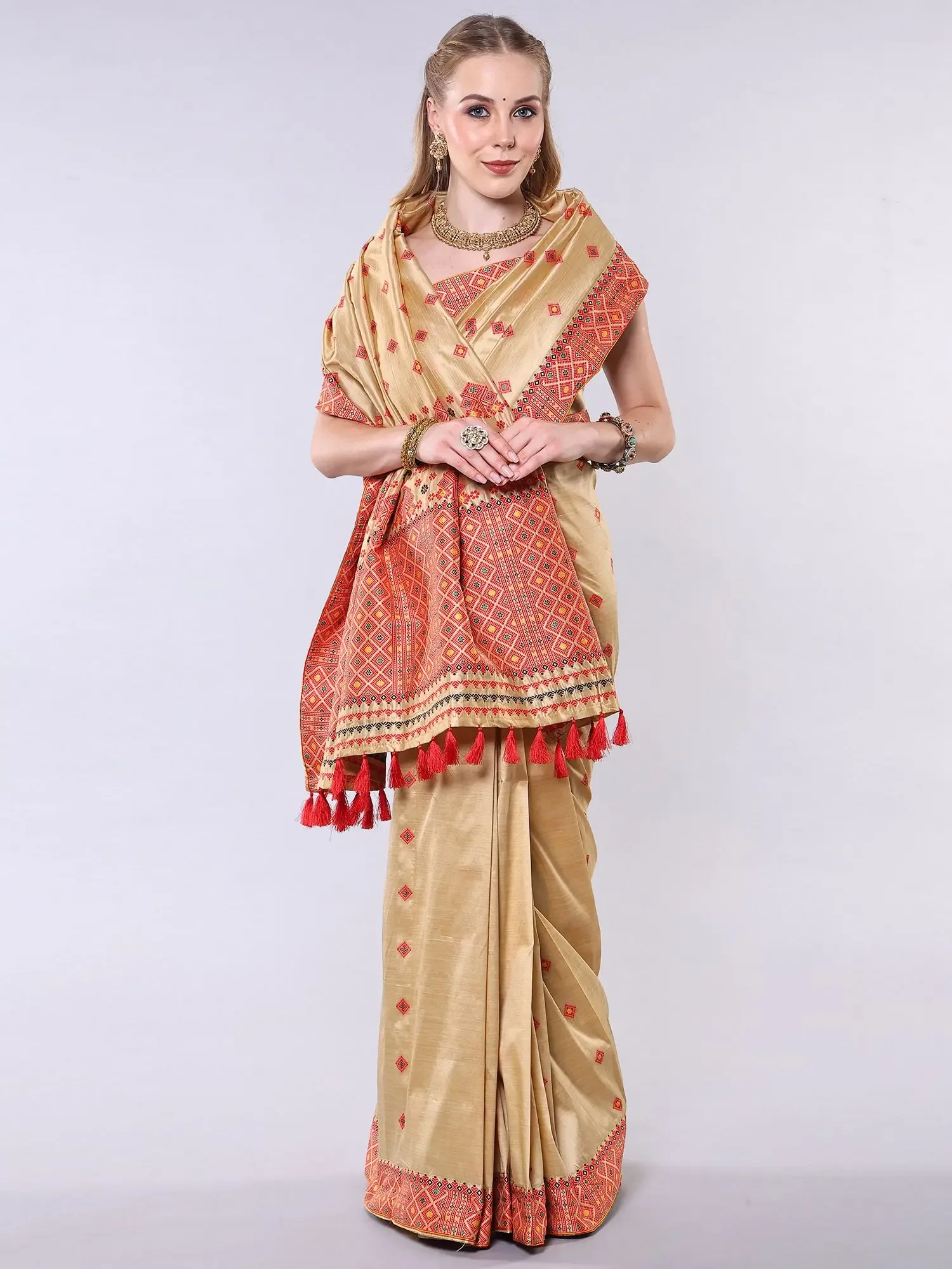 Assam Traditional Muga Saree with Woven Bootis and Patch Border, alternate view