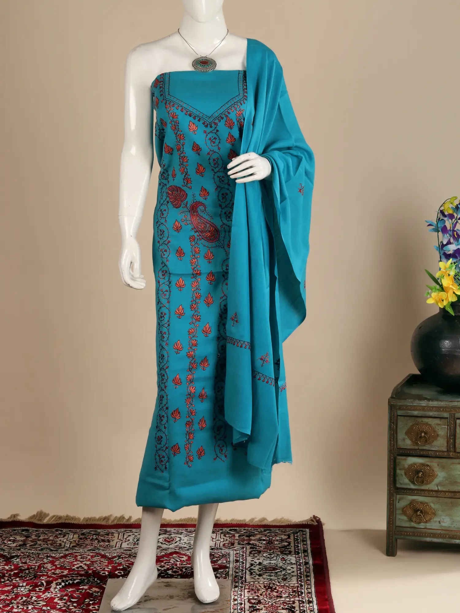 Azure-Blue Pure Wool Aari Embroidered Maple Leaf Vine with Paisley Motif Salwar Kameez Fabric, alternate view