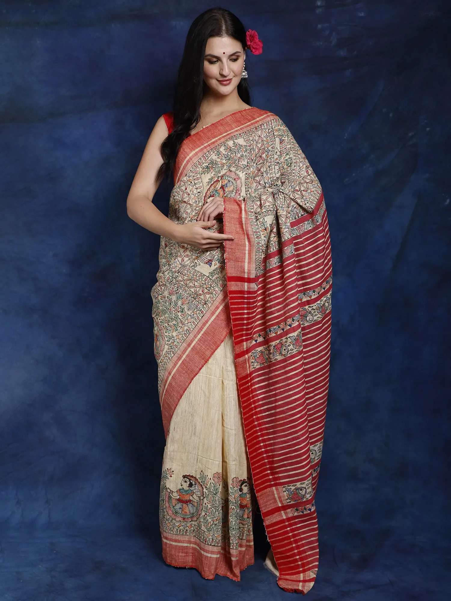 Banana-Crepe Khadi Cotton Saree from Bihar with Madhubani Hand-Painted Village Scenes