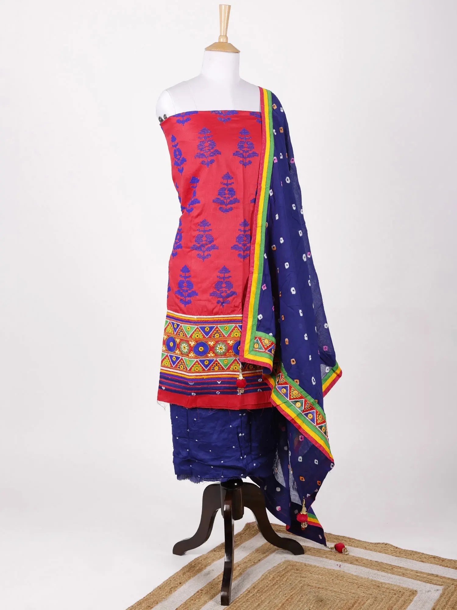 Bandhani Salwar Kameez Fabric and Dupatta from Gujarat with Multicolor Embroidery and Mirrors, alternate view