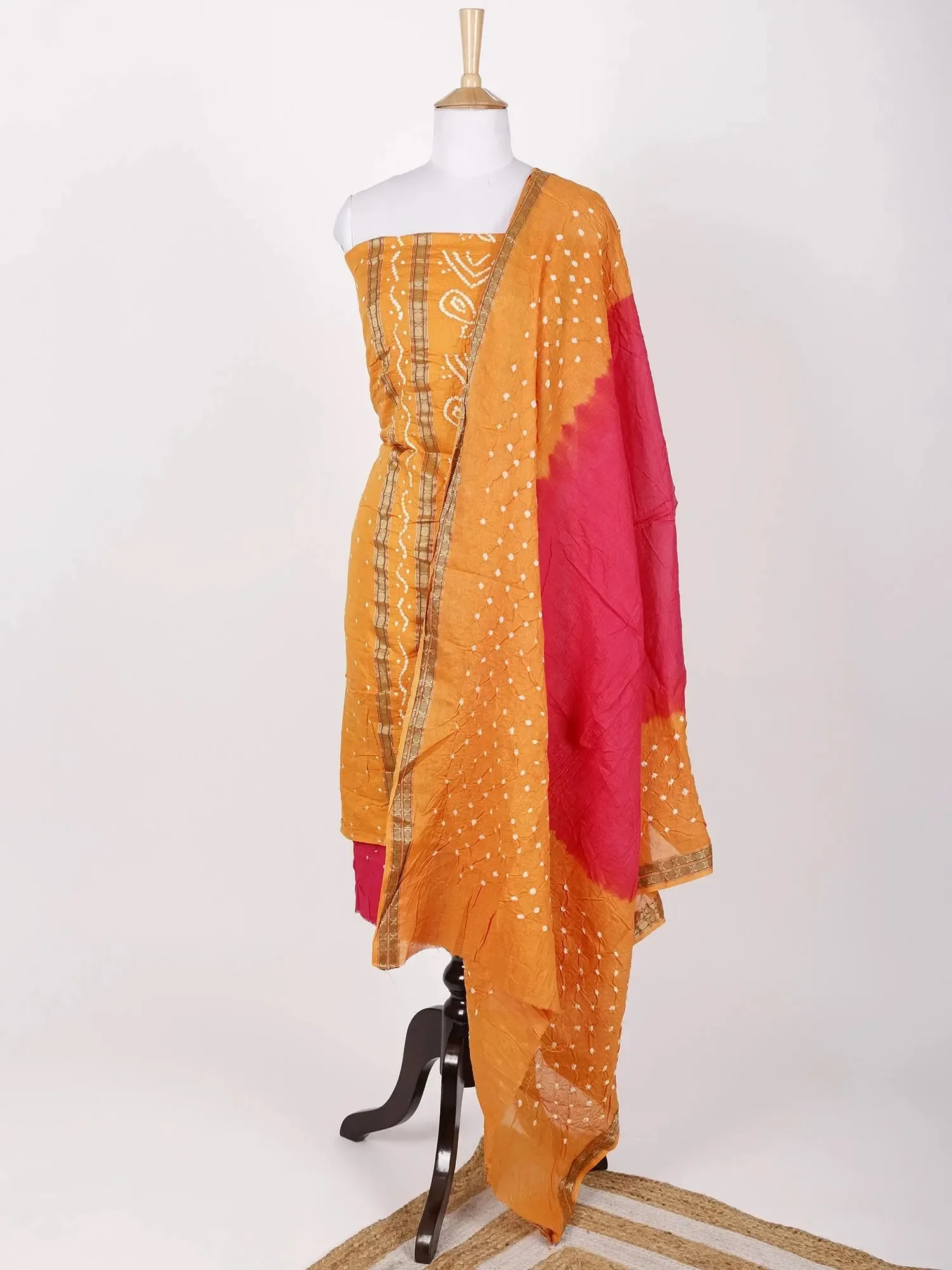 Bandhani Tie-Dye Pure Cotton Salwar Kameez and Dupatta from Gujarat with Woven Rudraksha Border