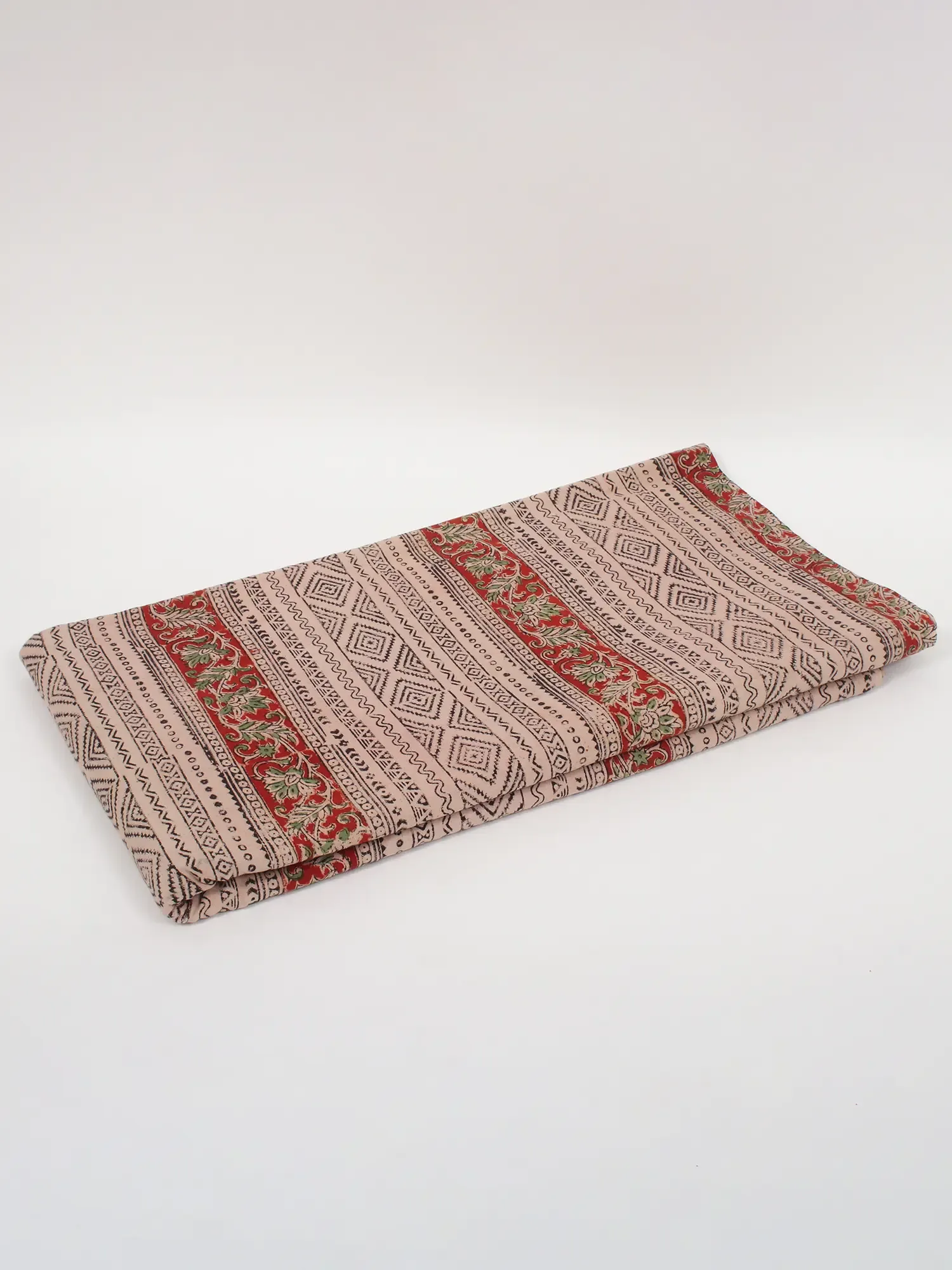 Beige-Red Pure Cotton Kalamkari Block Printed Fabric