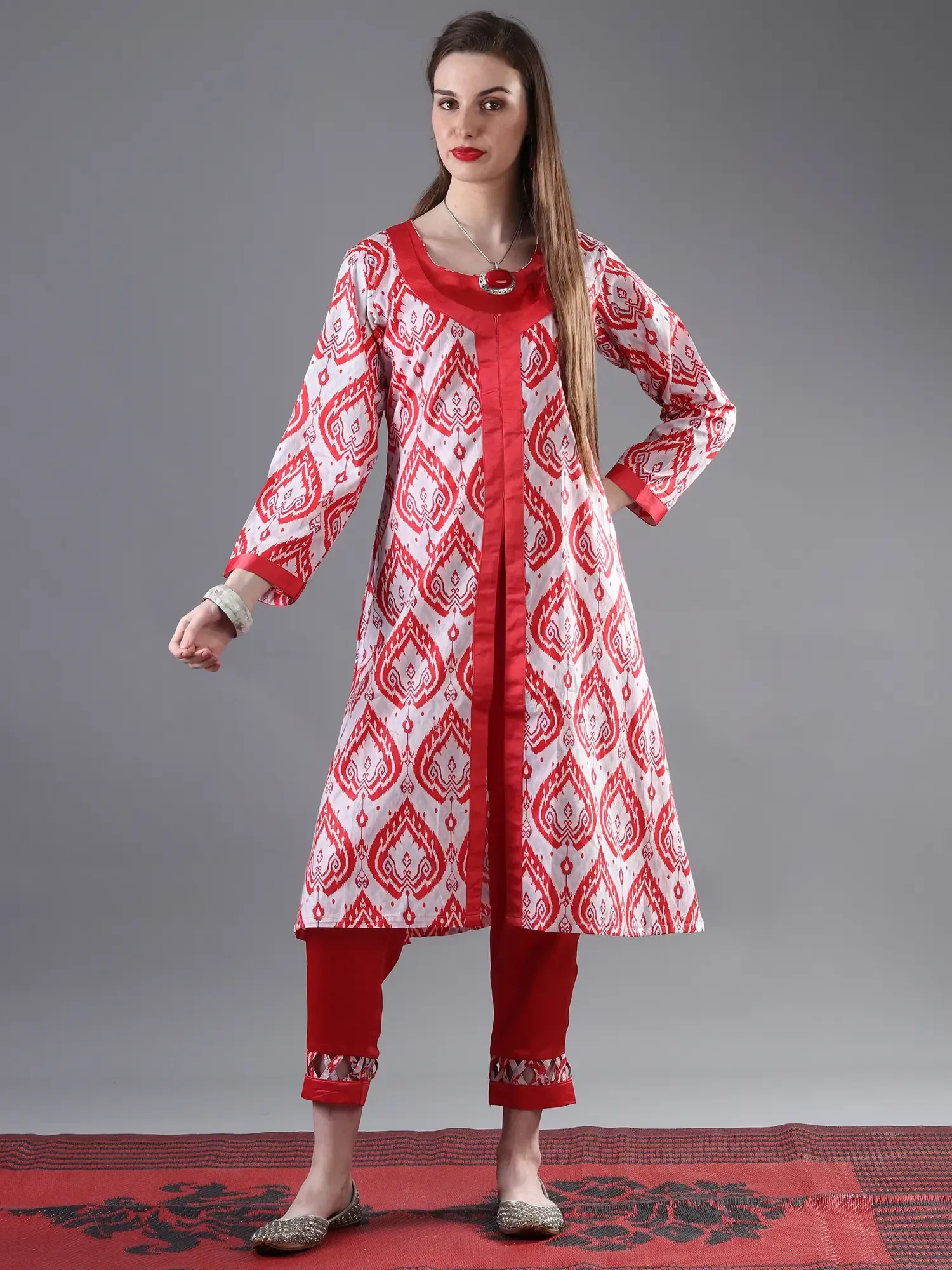 Betel Leaf Printed Motif Cotton Long Jacket with Red Satin Crop-top And Pant - Three Piece Set