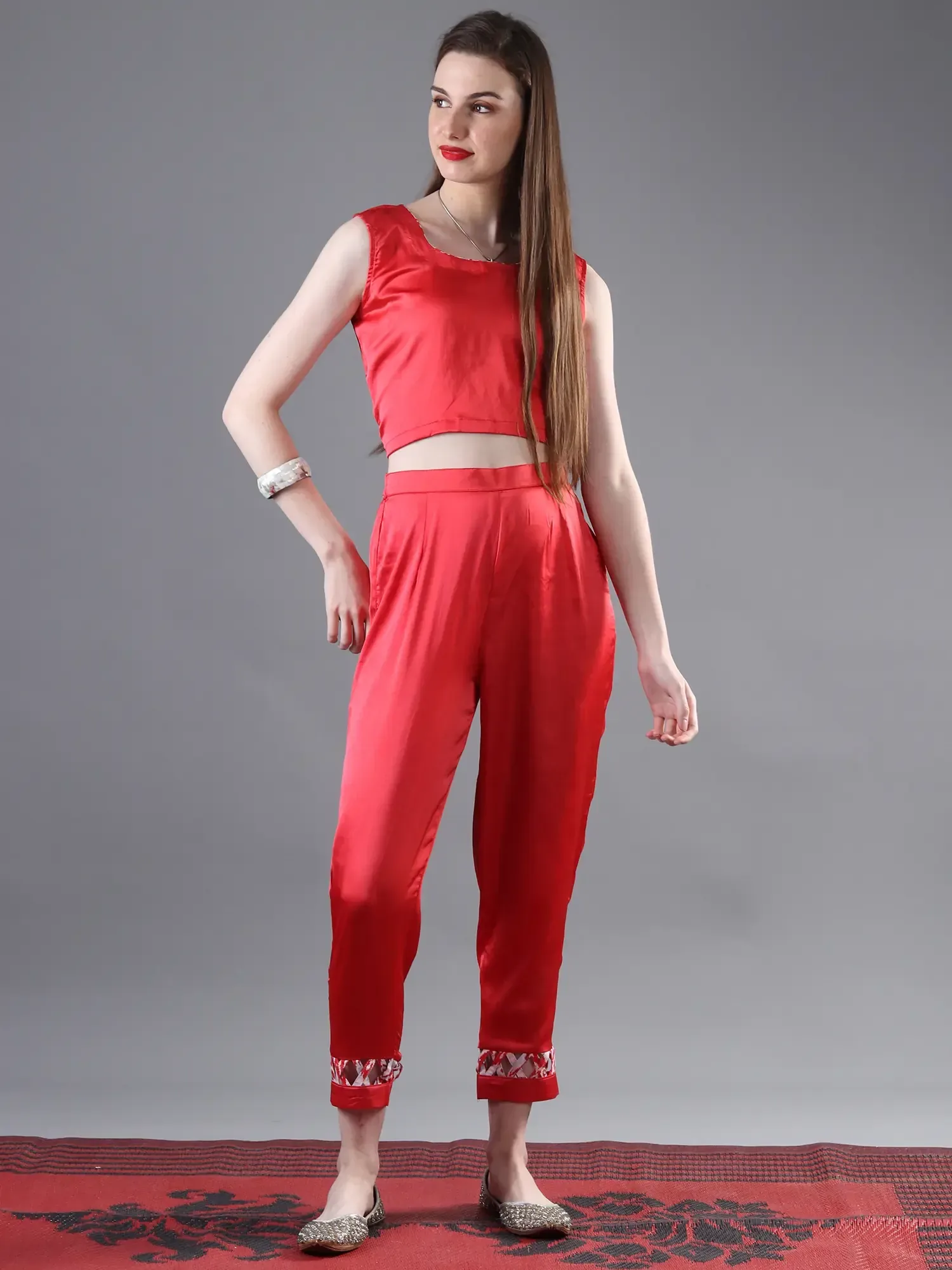 Betel Leaf Printed Motif Cotton Long Jacket with Red Satin Crop-top And Pant - Three Piece Set, alternate view