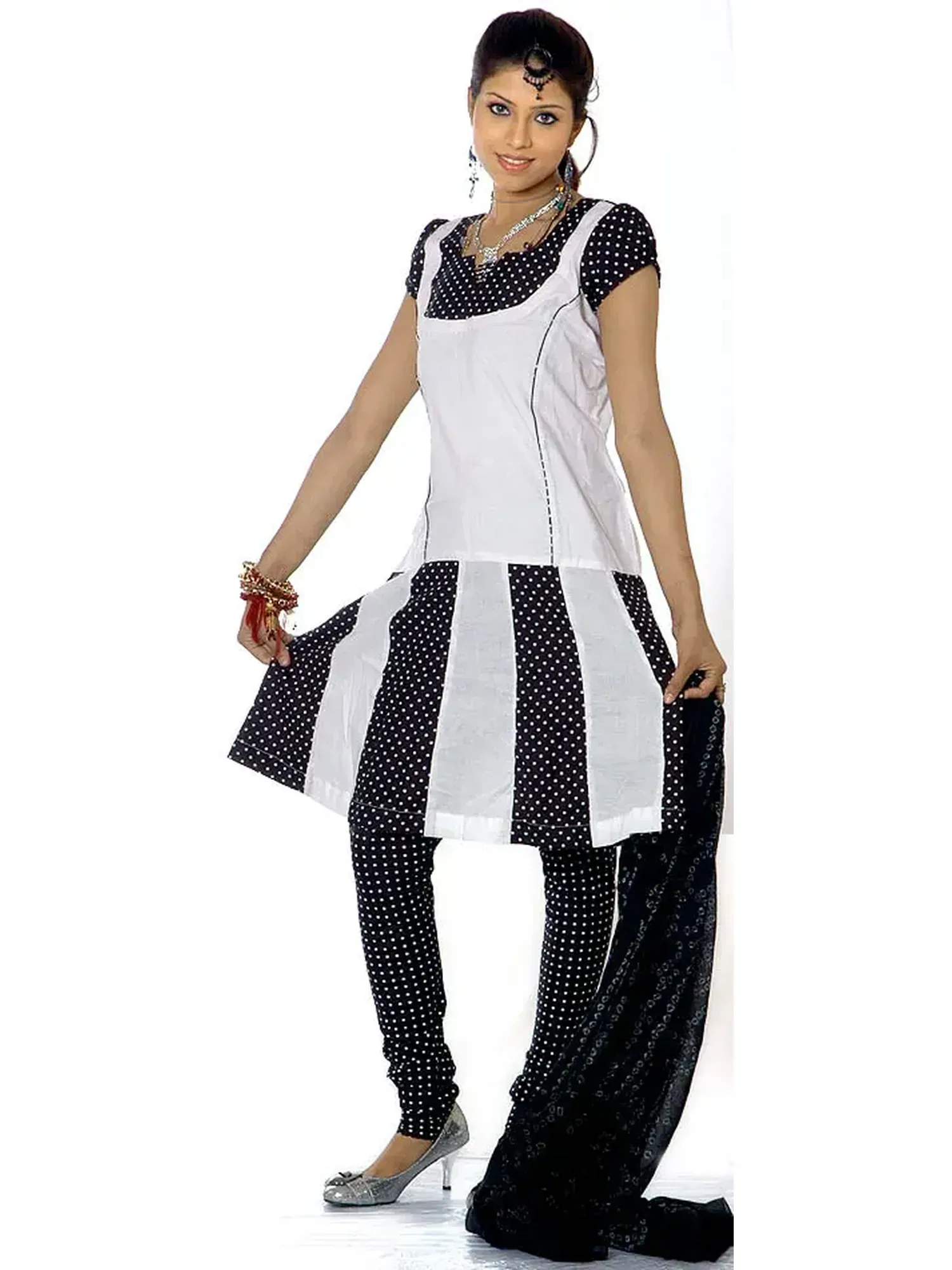 Black and White Polka Dotted Suit with Flaired Kameez