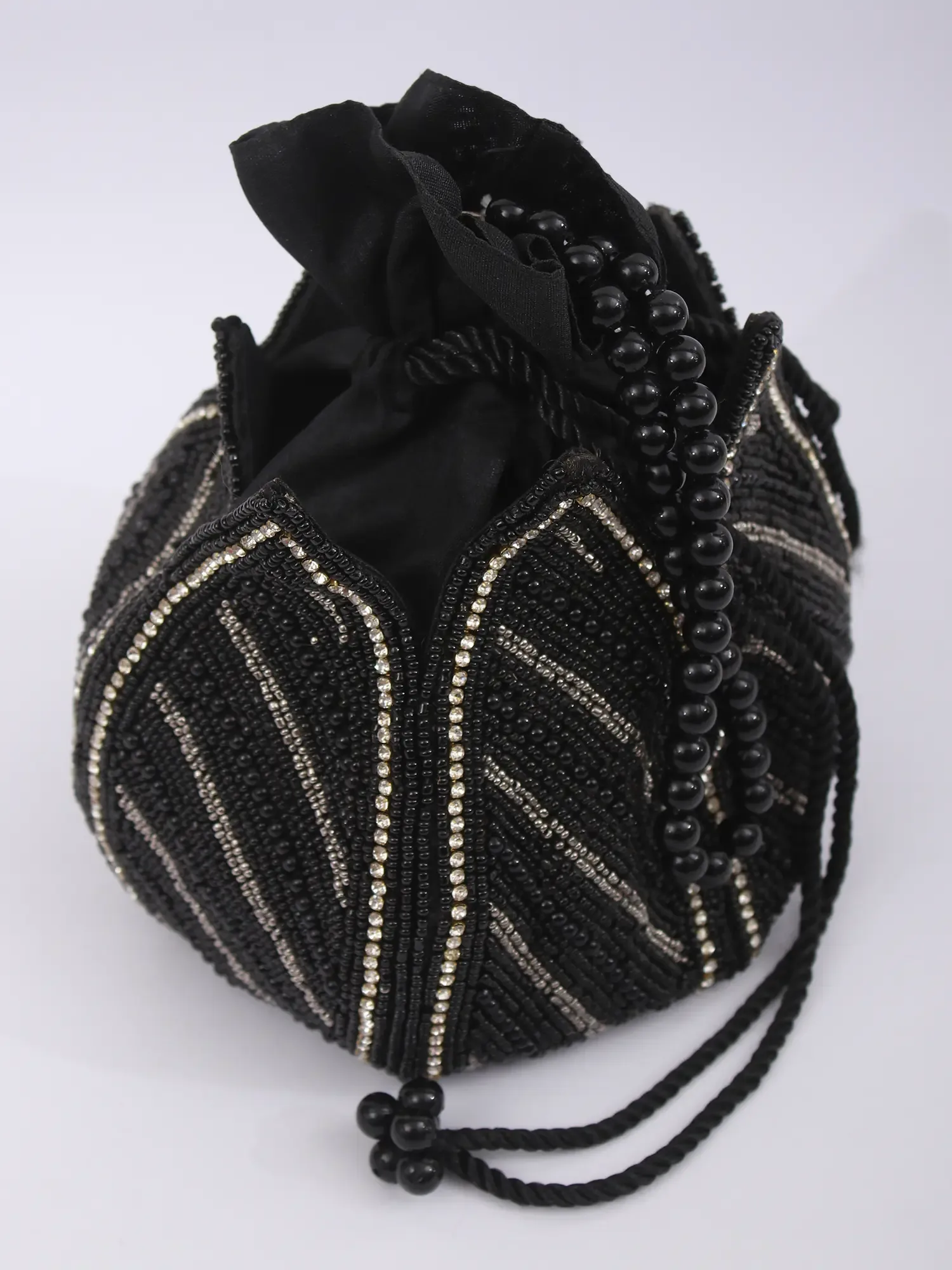 Black-Onyx Drawstring Lotus Design Bridal Potli Bag with Beaded Embroidery, alternate view