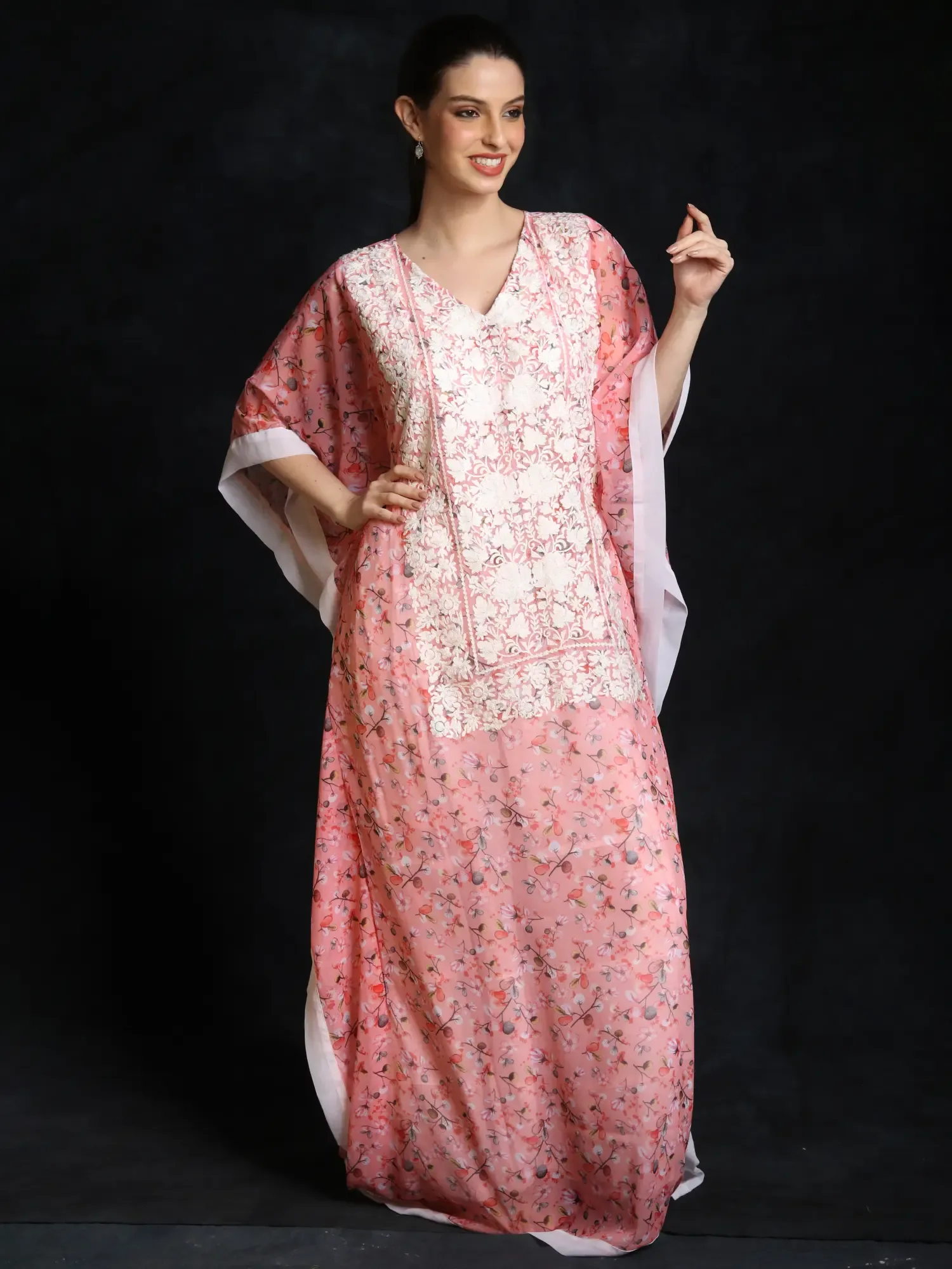 Blooming-Dahlia Long Kashmiri Georgette Kaftan with Floral Aari Embroidery, alternate view