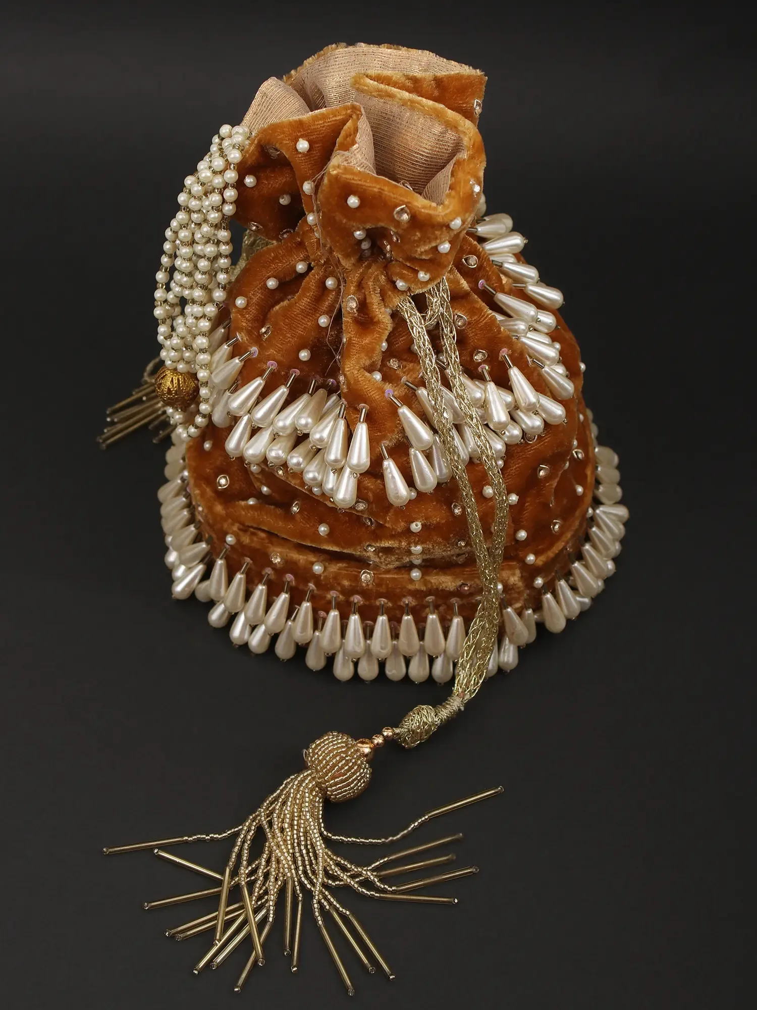 Bridal Drawstring Velvet Potli Bag with Embroidered Beads and Faux Pearls, alternate view