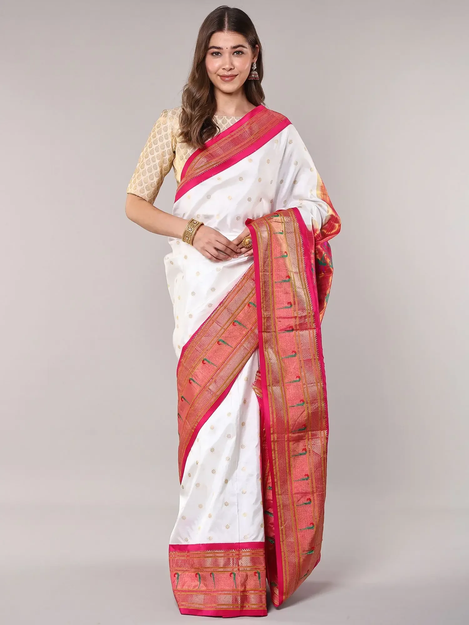 Bright-White Pure Silk Bootis woven Paithani Saree with Intricate Zari work and Lotus Vine Pallu from Bangalore, alternate view