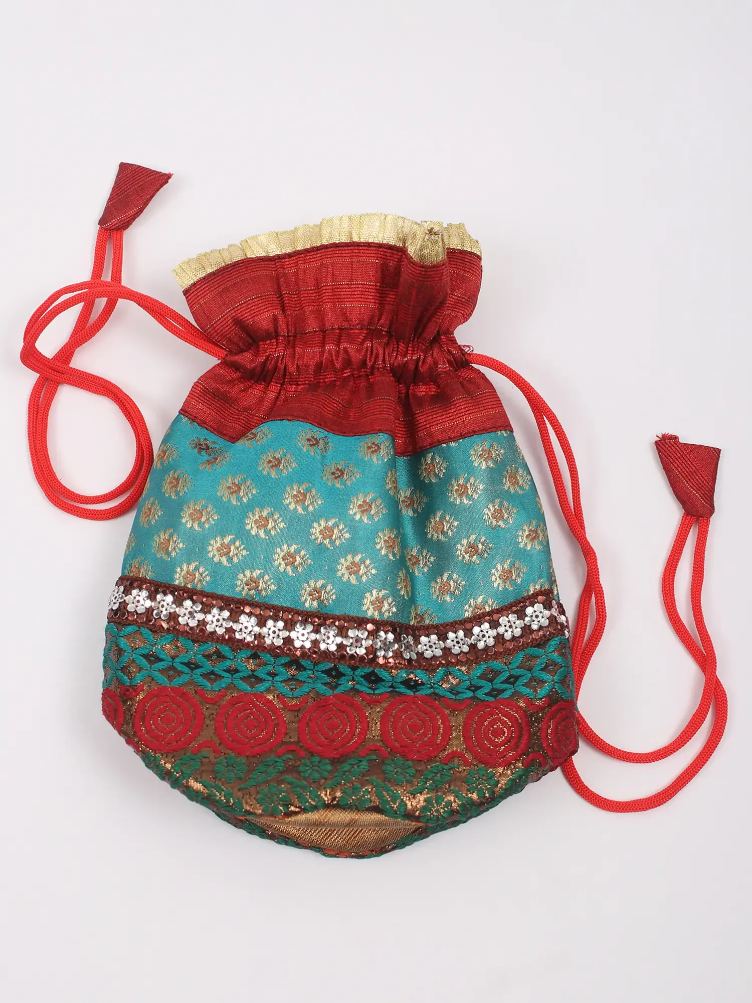 Brocaded Drawstring Potli Bags with Lace Work, alternate view