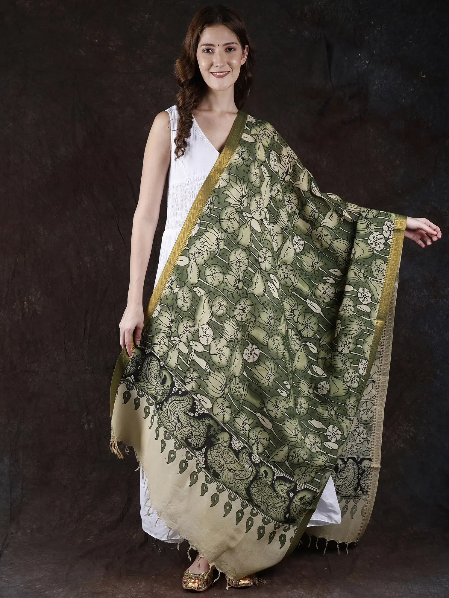 Bronze-Green Kalamkari Dupatta with Zari Border and Hand-Painted Lotus Pond