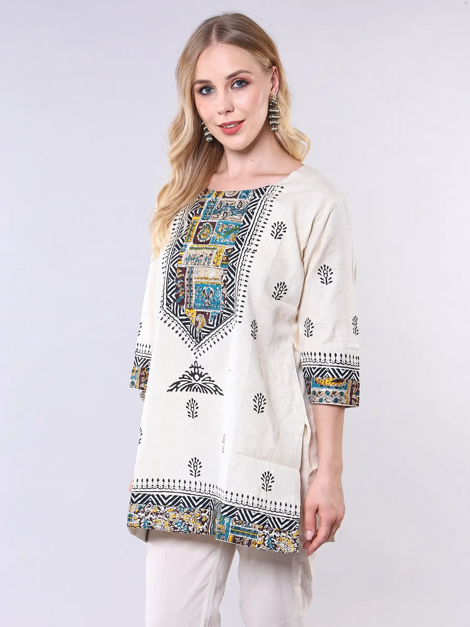 Cannoli-Cream Cotton Printed Short Kurti with Round Neck, alternate view