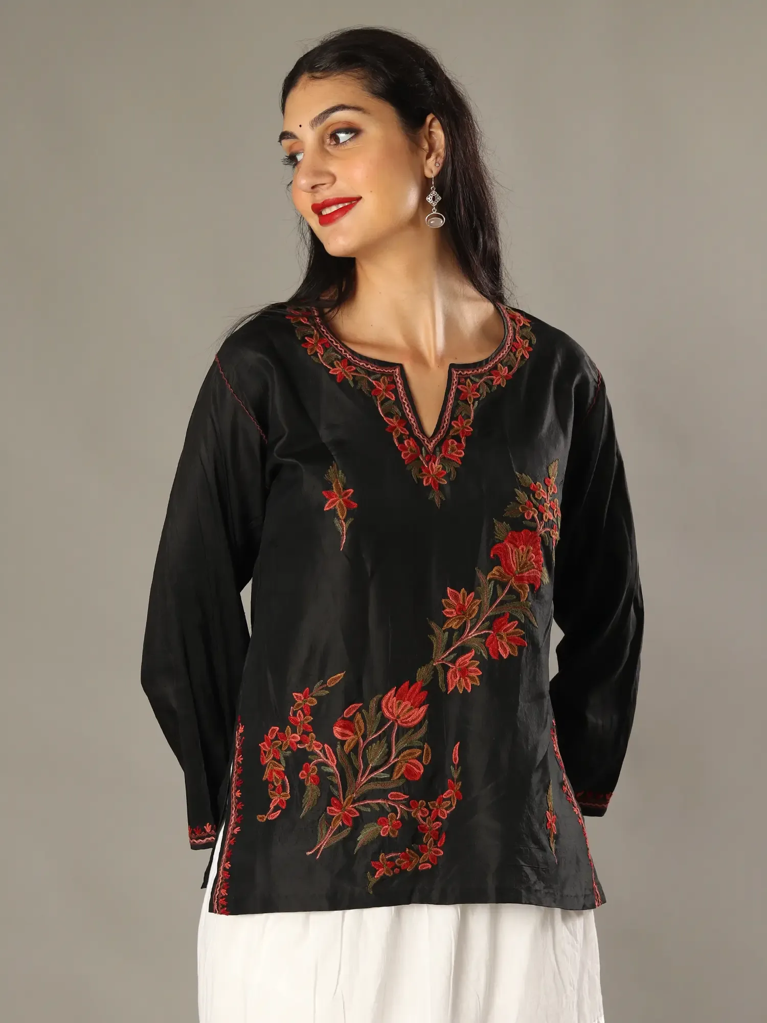 Charcoal Black Silk Kurti with Multicolored Aari Embroidery from Kashmir, alternate view