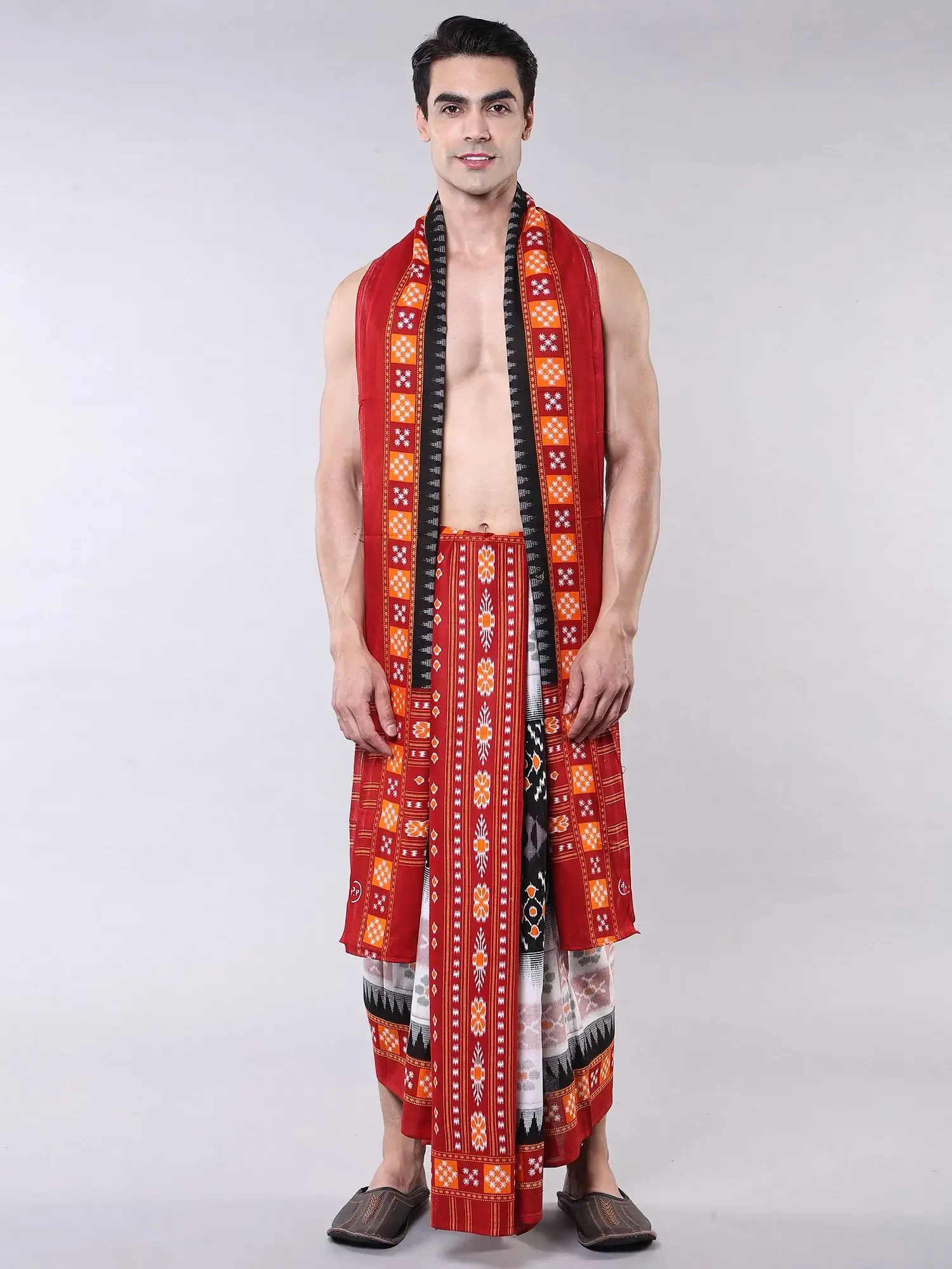 Cotton Dhoti with Angavastram Set with Ikat Print from Sambalpur