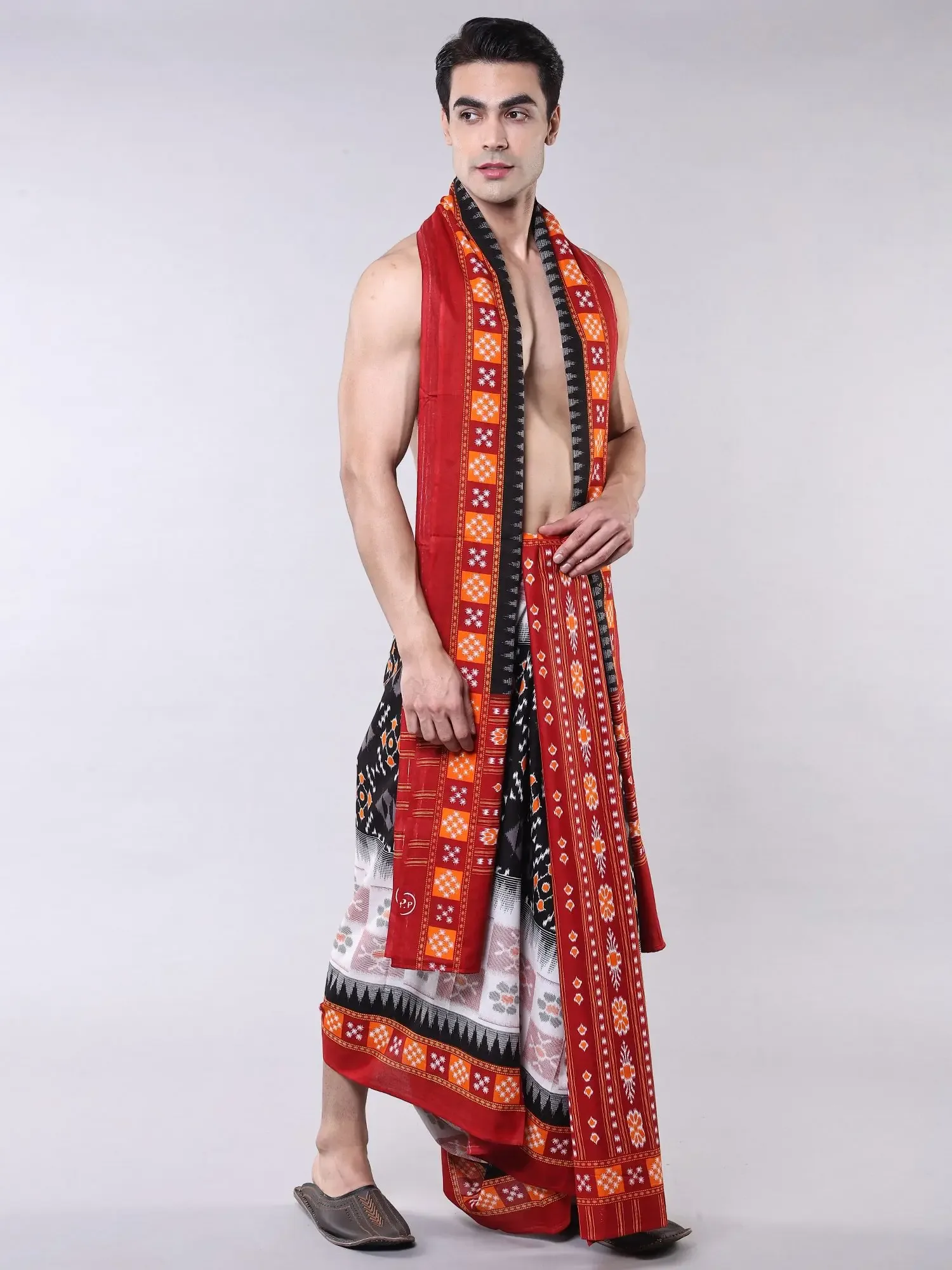 Cotton Dhoti with Angavastram Set with Ikat Print from Sambalpur, alternate view