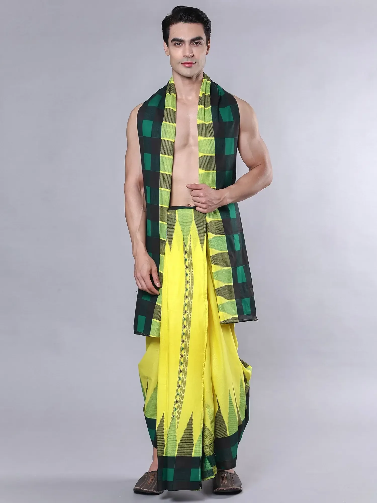 Cotton Printed Contrast Check Border Dhoti with Angavastram Set from Sambalpur