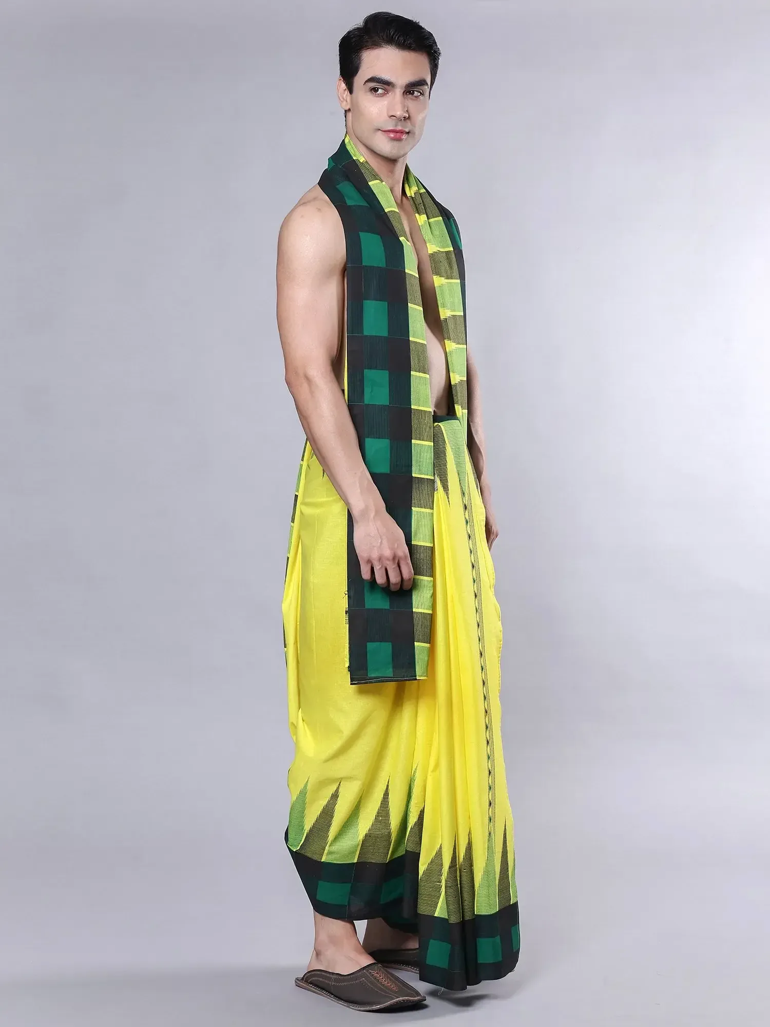 Cotton Printed Contrast Check Border Dhoti with Angavastram Set from Sambalpur, alternate view