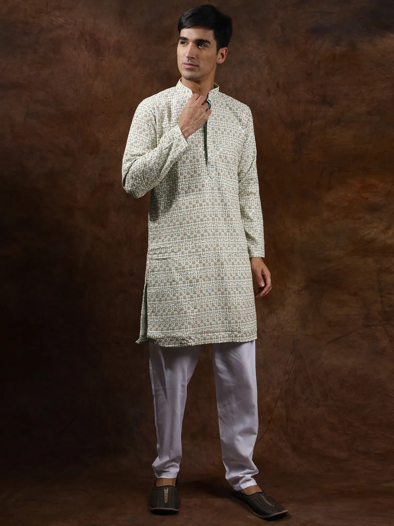 Cotton Sequins & Thread Embroidered Kurta with Plain Pajama, alternate view