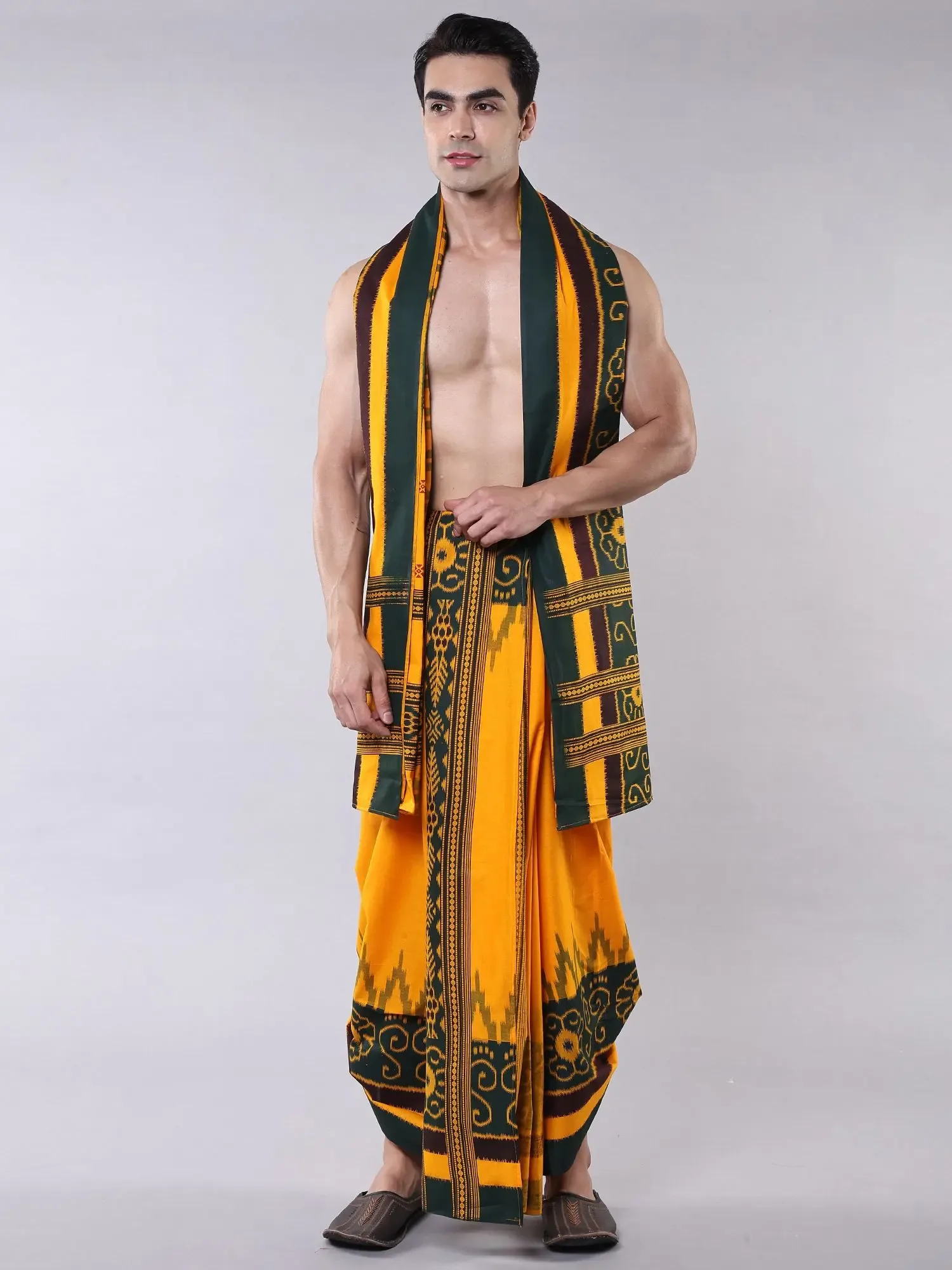 Cotton Temple Border Dhoti and Angavastram Set with Printed Ikat Pattern from Sambalpur