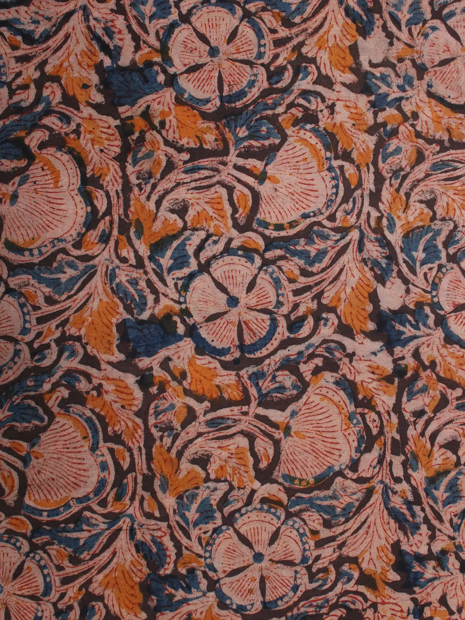 Deep Blue-Orange Pure Cotton Kalamkari Block Printed Fabric, alternate view