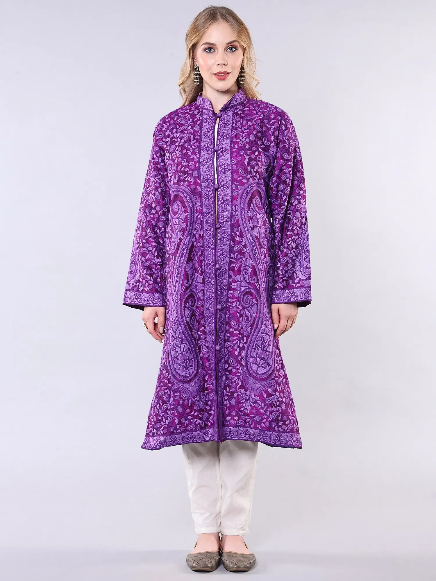 Deep-Orchid Pure Silk Long Jacket With All-Over Floral-Paisley Aari-Embroidery by Hand