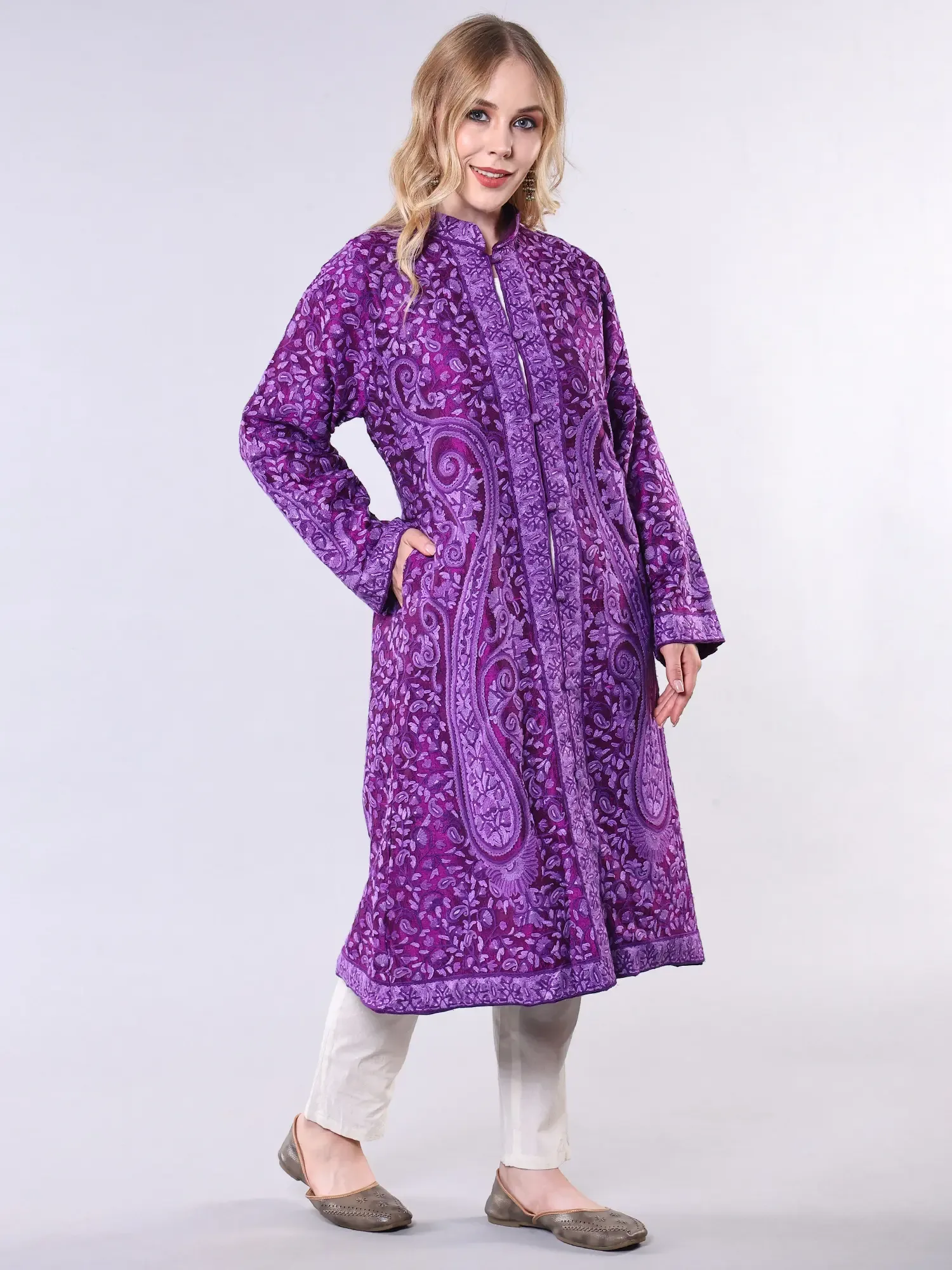 Deep-Orchid Pure Silk Long Jacket With All-Over Floral-Paisley Aari-Embroidery by Hand, alternate view