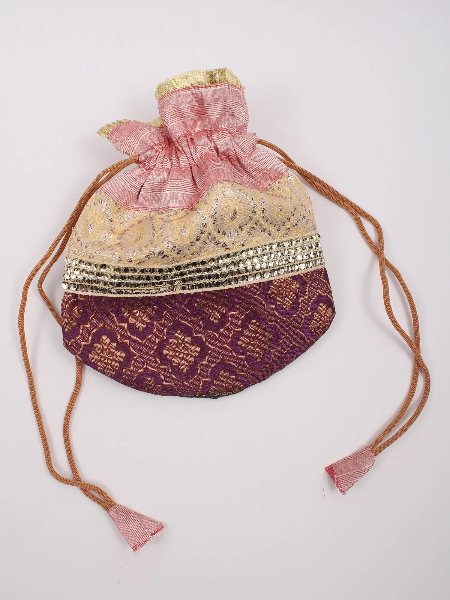 Drawstring Potli Bags with Brocaded Floral Motifs and Lace Work, alternate view