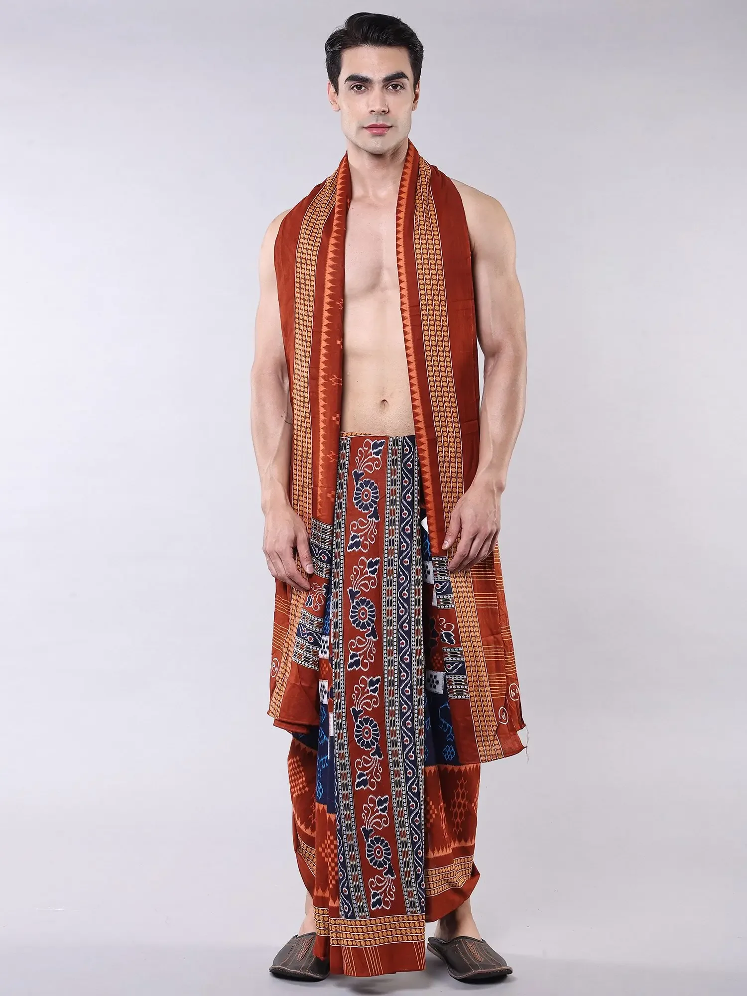 Dual-Color Ikat Printed Dhoti with Angavastram Set and Rudraksha Border from Sambalpur