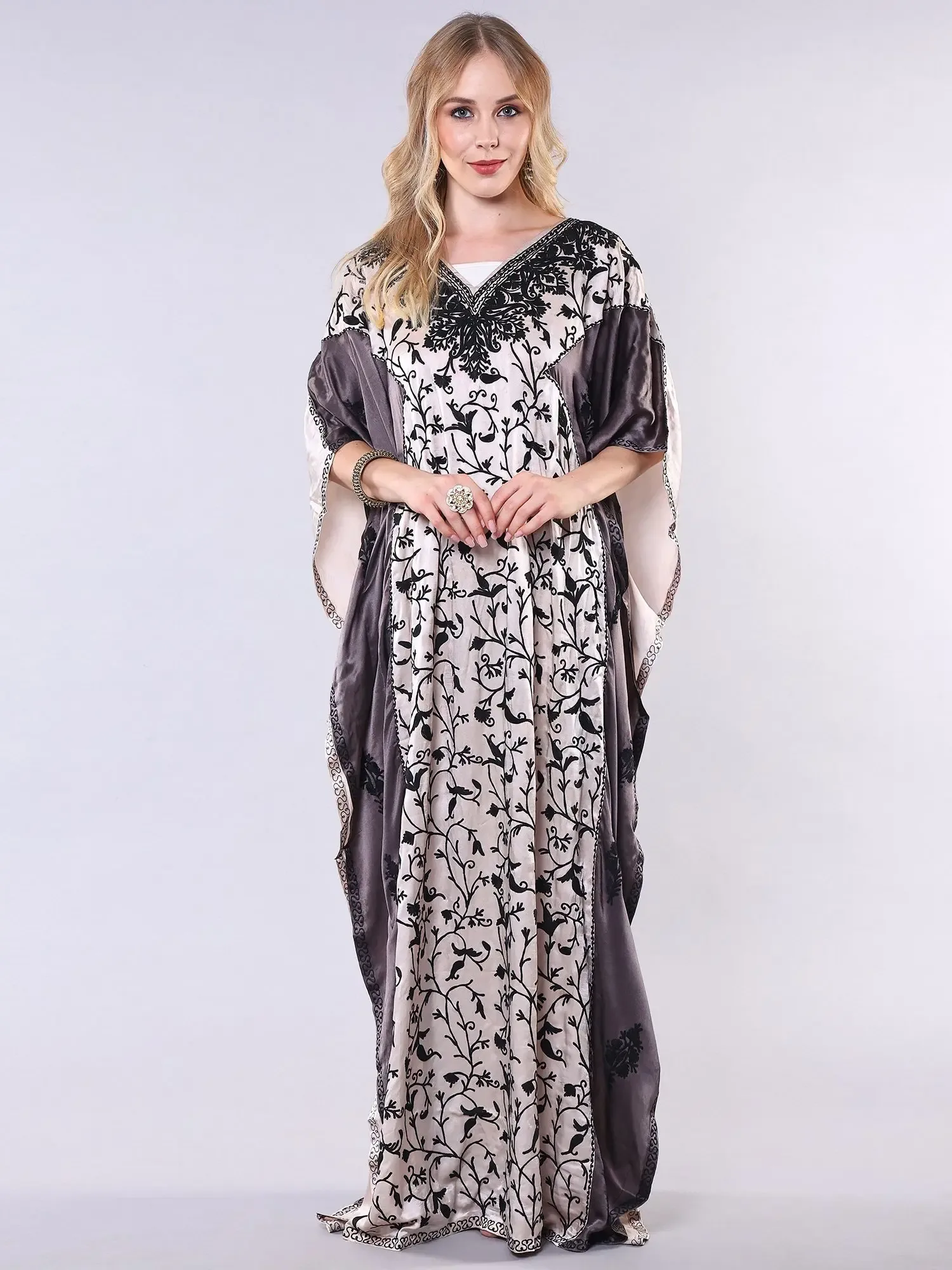 Dual-Color Satin Long Kaftan with Aari Embroidered Floral Vine from Kashmir