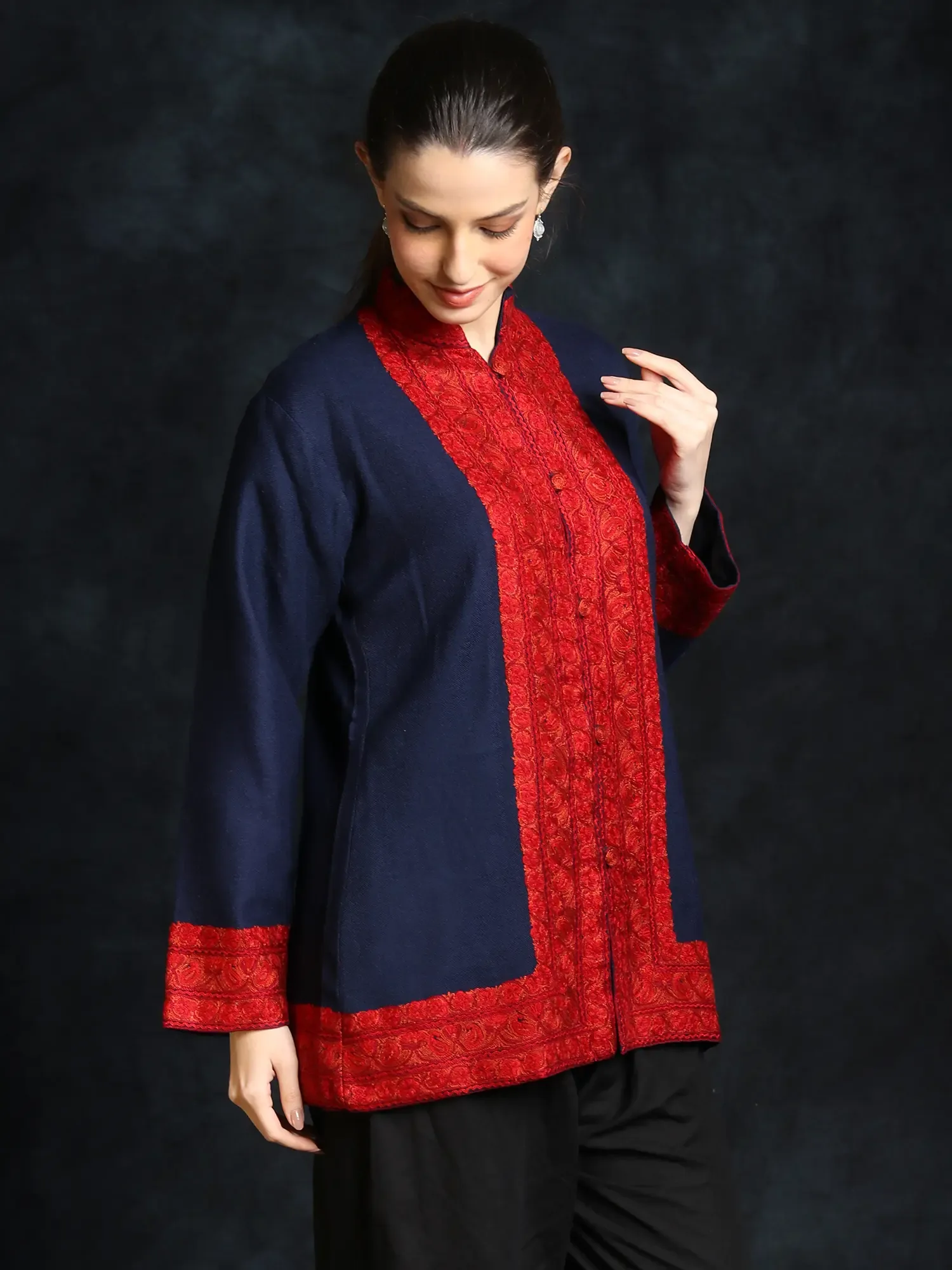 Estate-Blue Plain Kashmiri Pure Wool Short Jacket With Paisley Aari Embroidery by Hand, alternate view