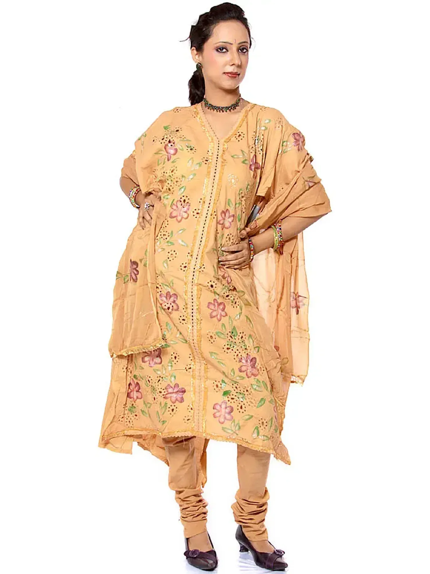 Fawn Salwar Suit with Printed Flowers