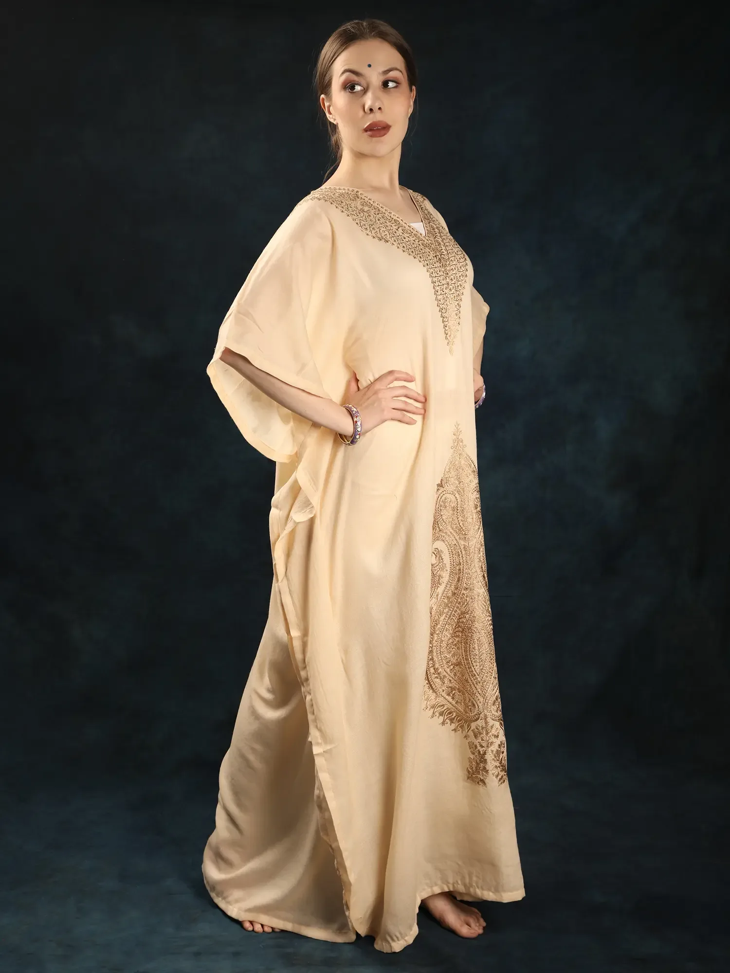 Fine Wool Long Kaftan from Srinagar with Kalka Aari Embroidery, alternate view