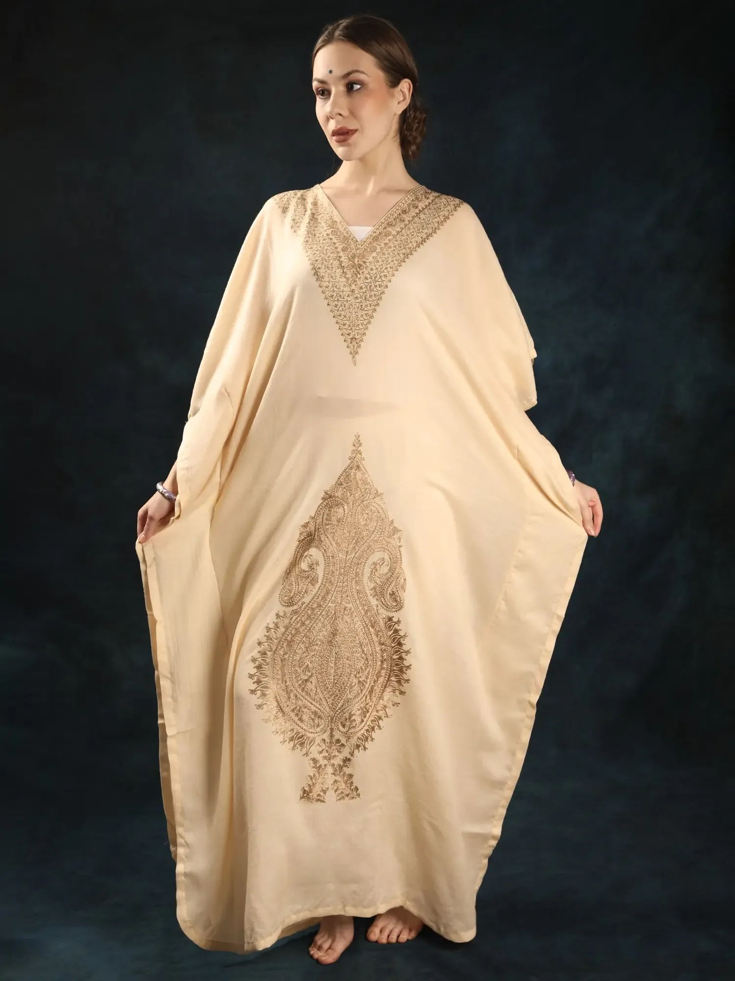 Fine Wool Long Kaftan from Srinagar with Kalka Aari Embroidery