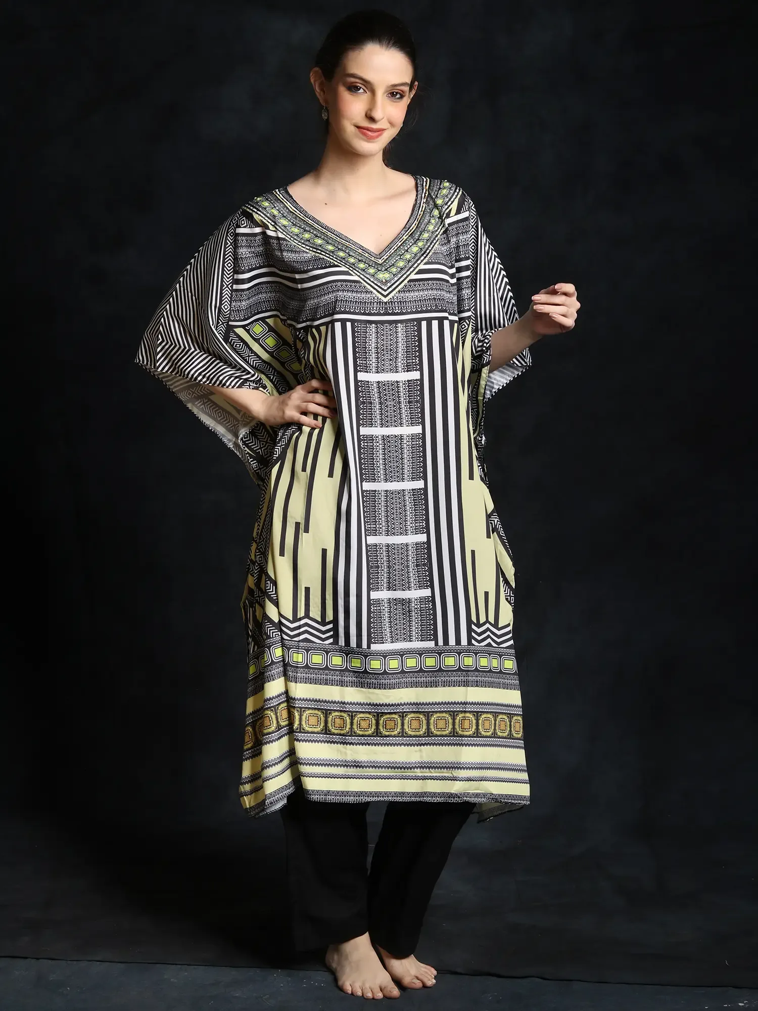 Garden-Glade Short Kaftan with African Print and Beadwork on Neck