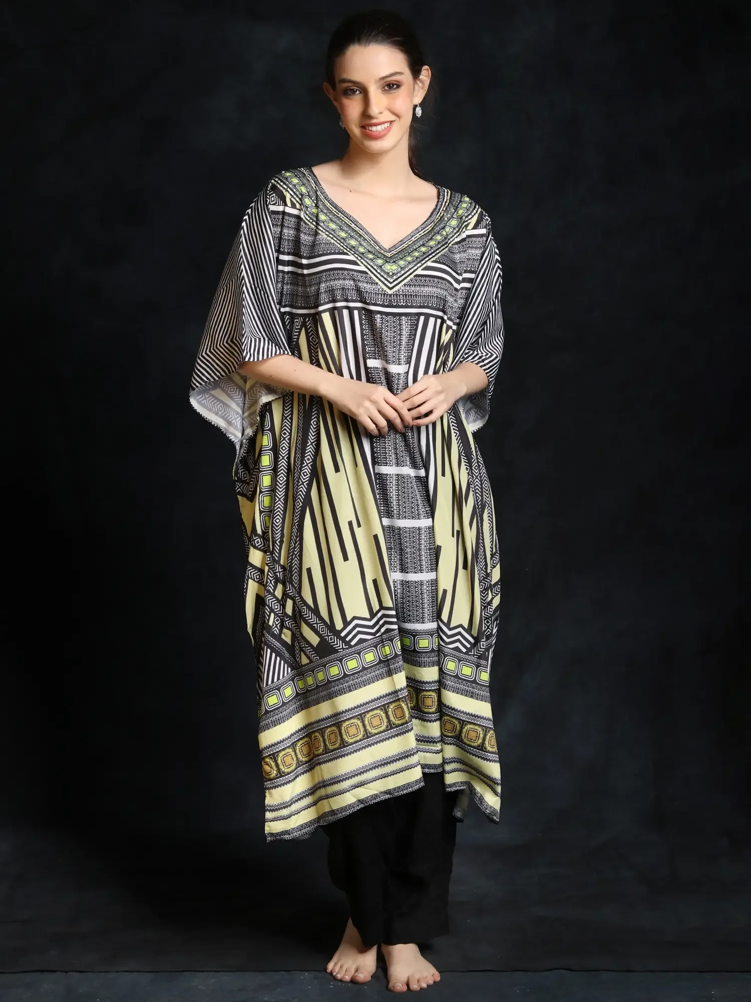 Garden-Glade Short Kaftan with African Print and Beadwork on Neck, alternate view