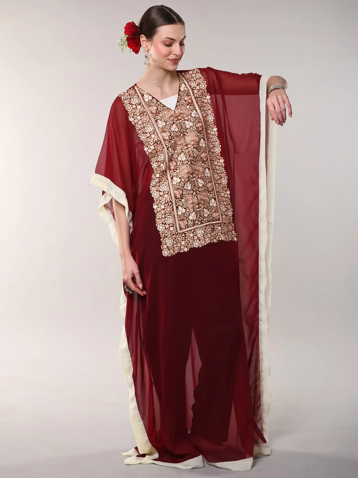 Georgette Kashmiri Long Kaftan with Floral Aari Embroidery, alternate view
