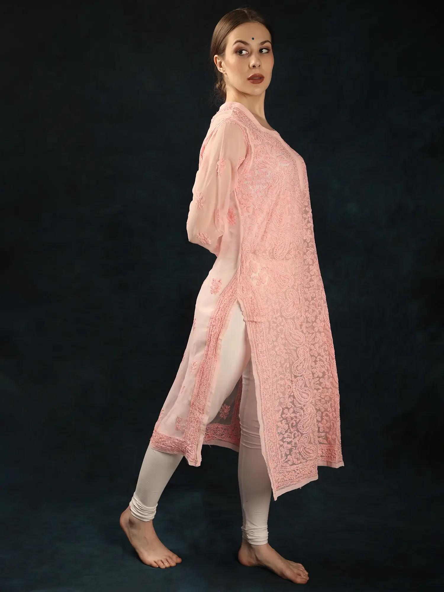 Georgette Paisley Diaphanous Long Kurti with Lukhnavi Chikan Embroidery by Hand, alternate view