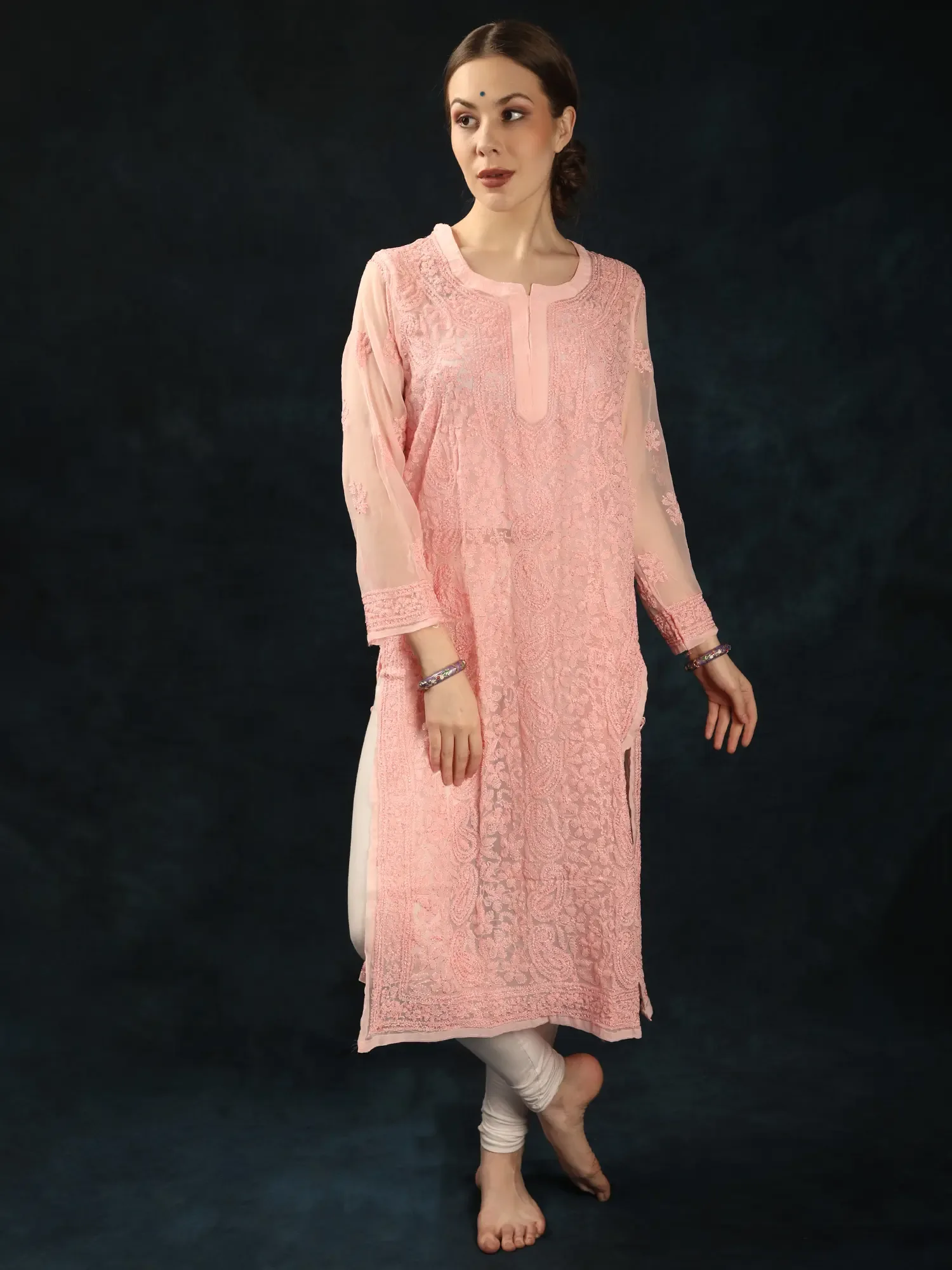 Georgette Paisley Diaphanous Long Kurti with Lukhnavi Chikan Embroidery by Hand