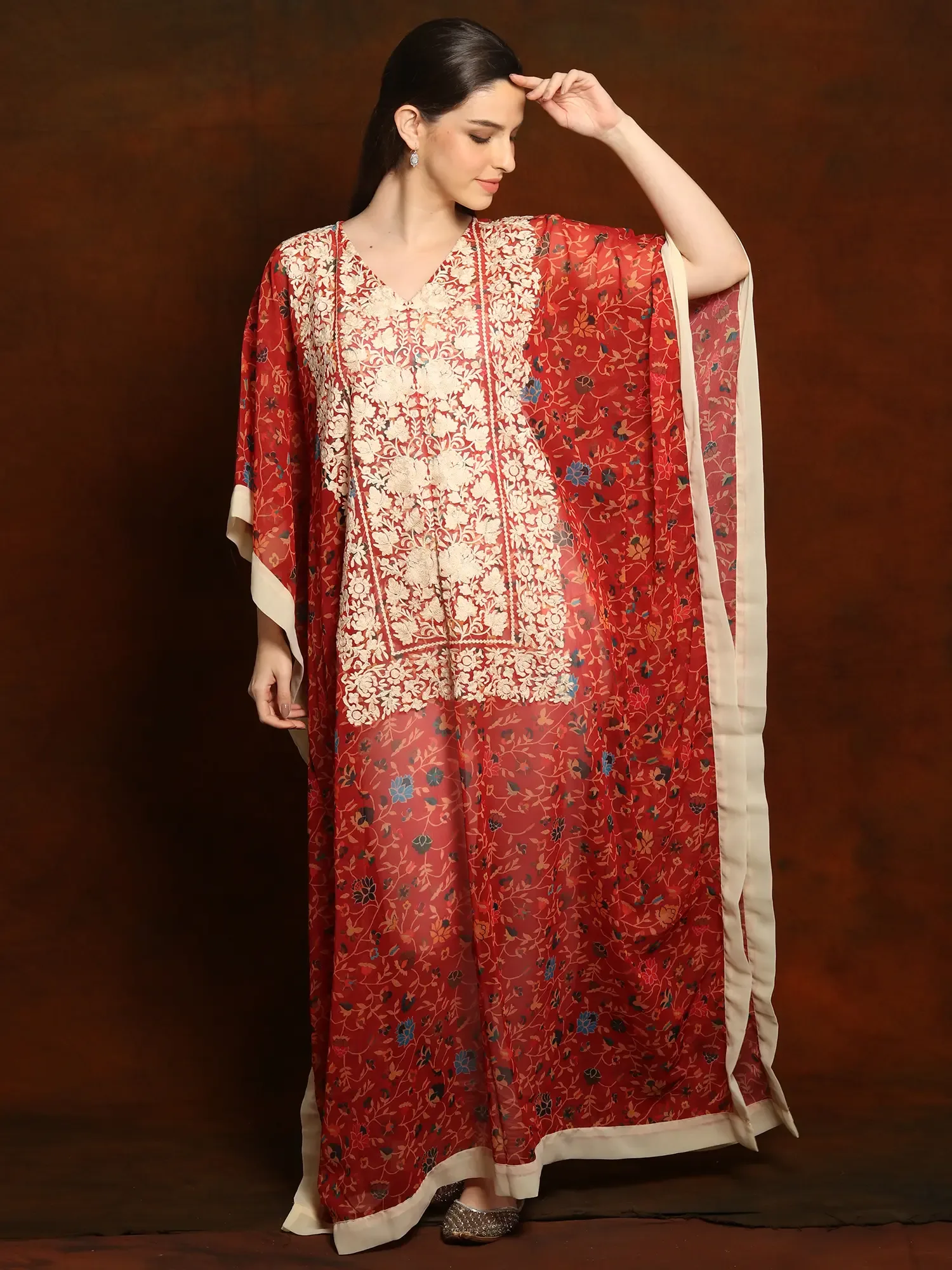 Georgette Printed Cherry Red Long Kaftan with Aari Embroidery on Neck, alternate view