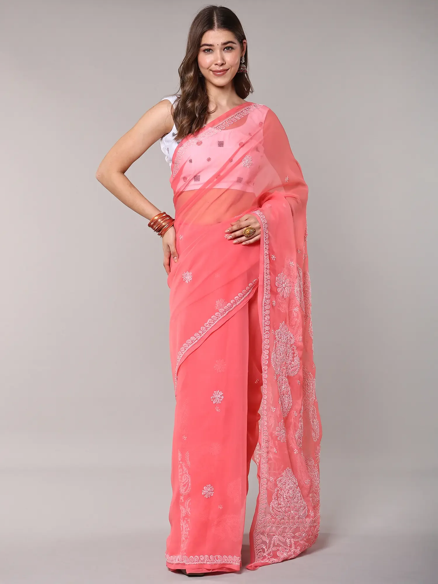 Georgette Saree with Lukhnavi Chikan Embroidered Paisleys
