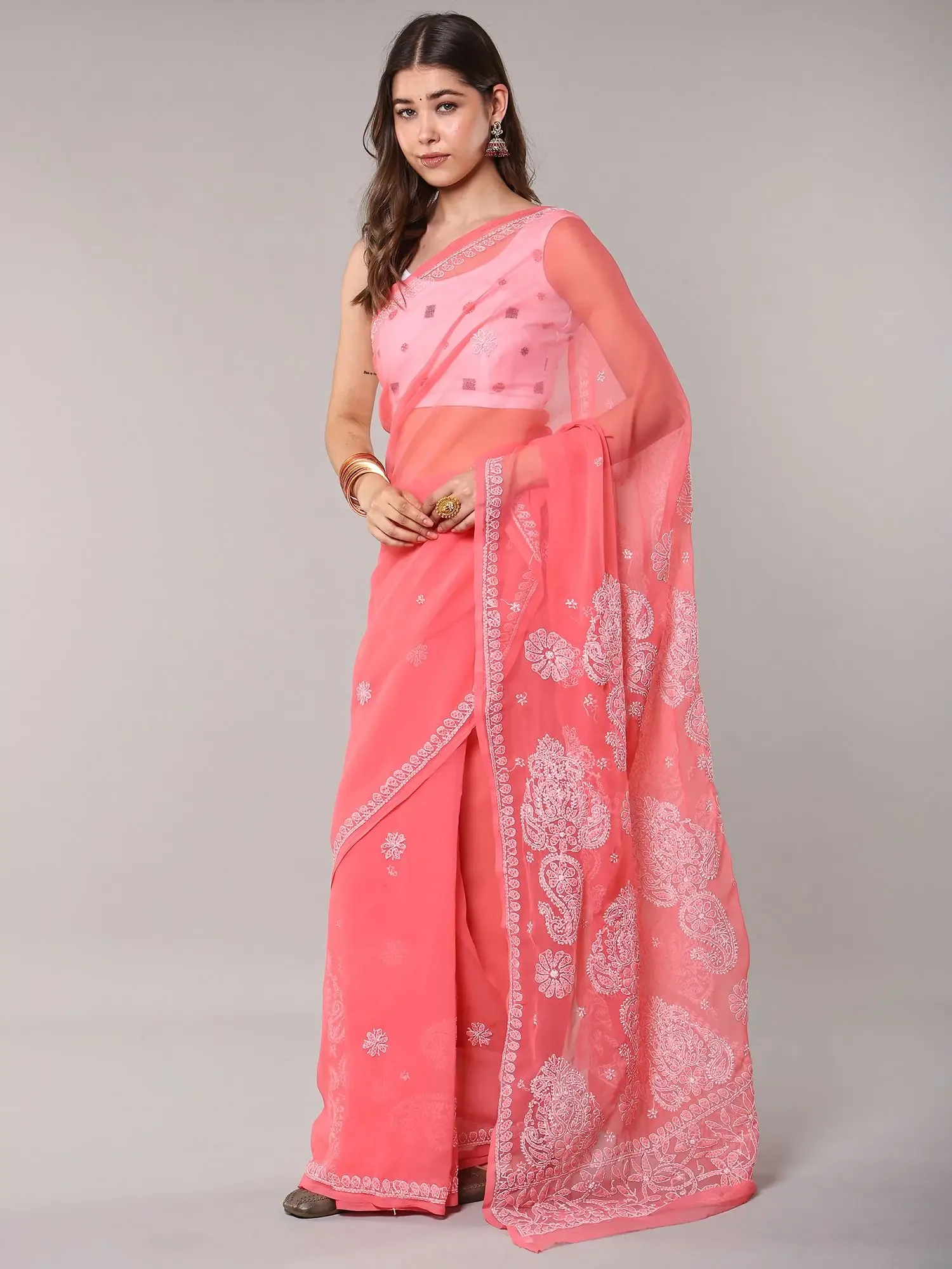 Georgette Saree with Lukhnavi Chikan Embroidered Paisleys, alternate view