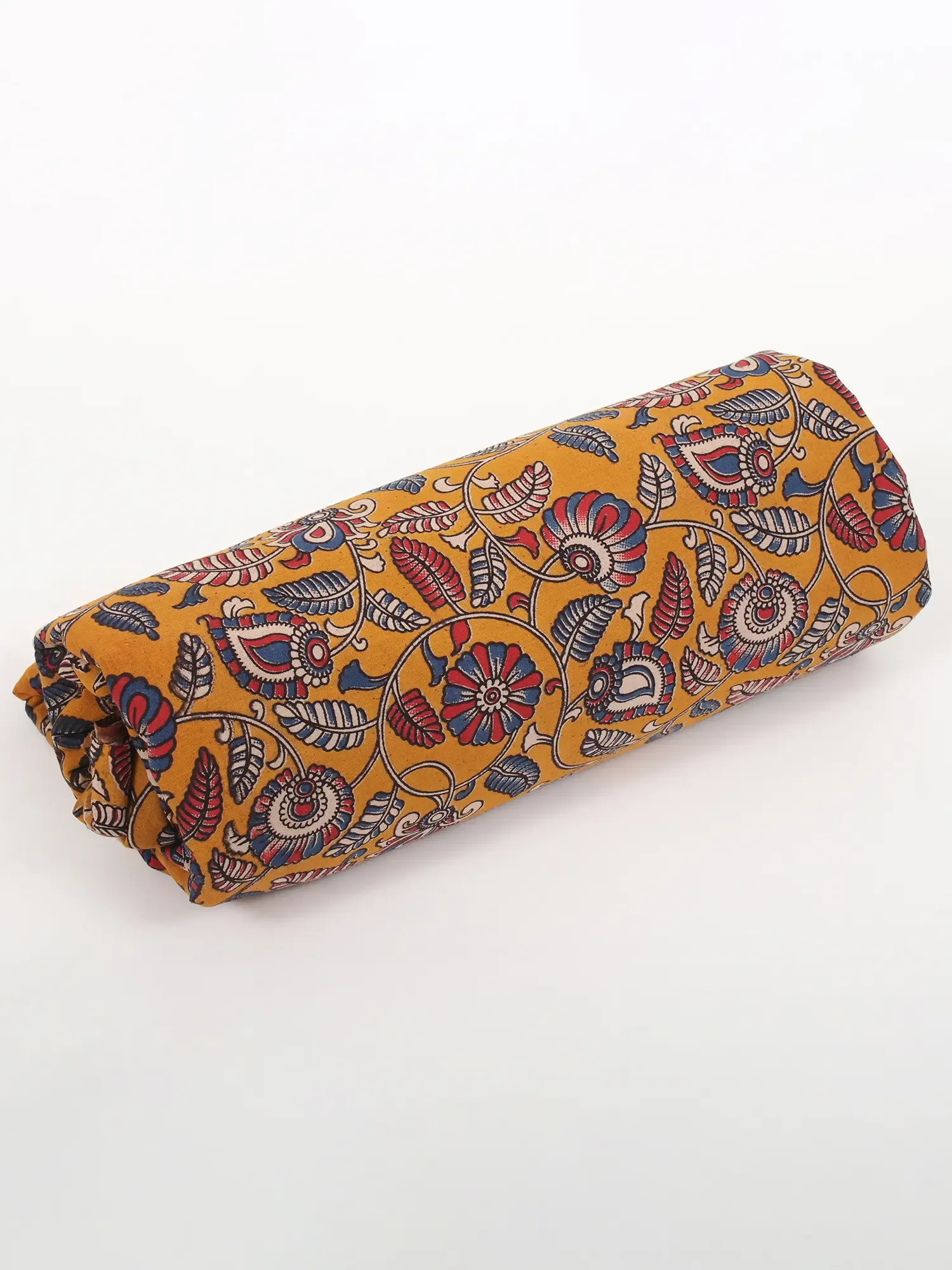Golden-Yellow Pure Cotton Fabric with Floral Vine Motif Blocked Kalamkari Printed, alternate view