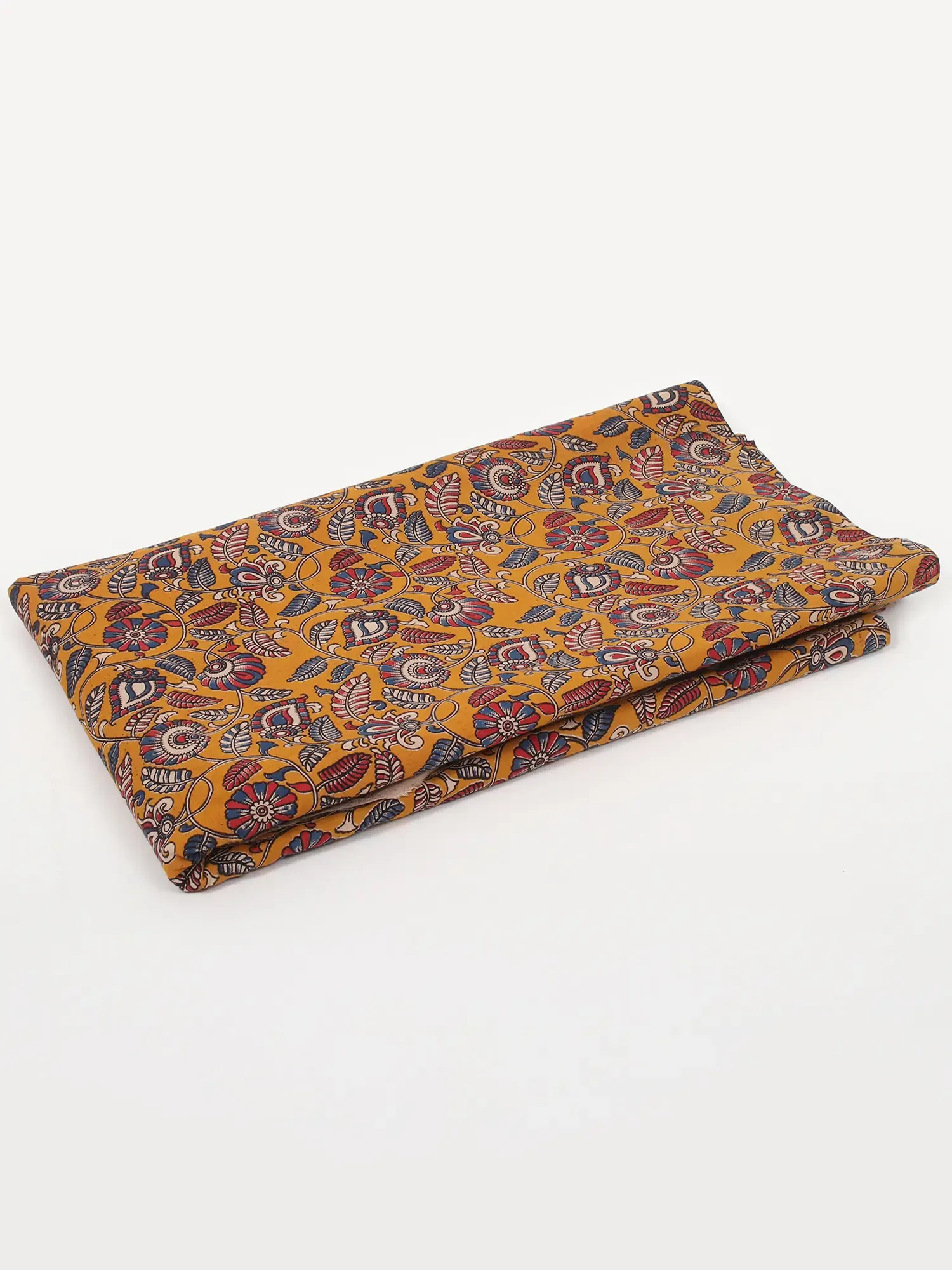Golden-Yellow Pure Cotton Fabric with Floral Vine Motif Blocked Kalamkari Printed