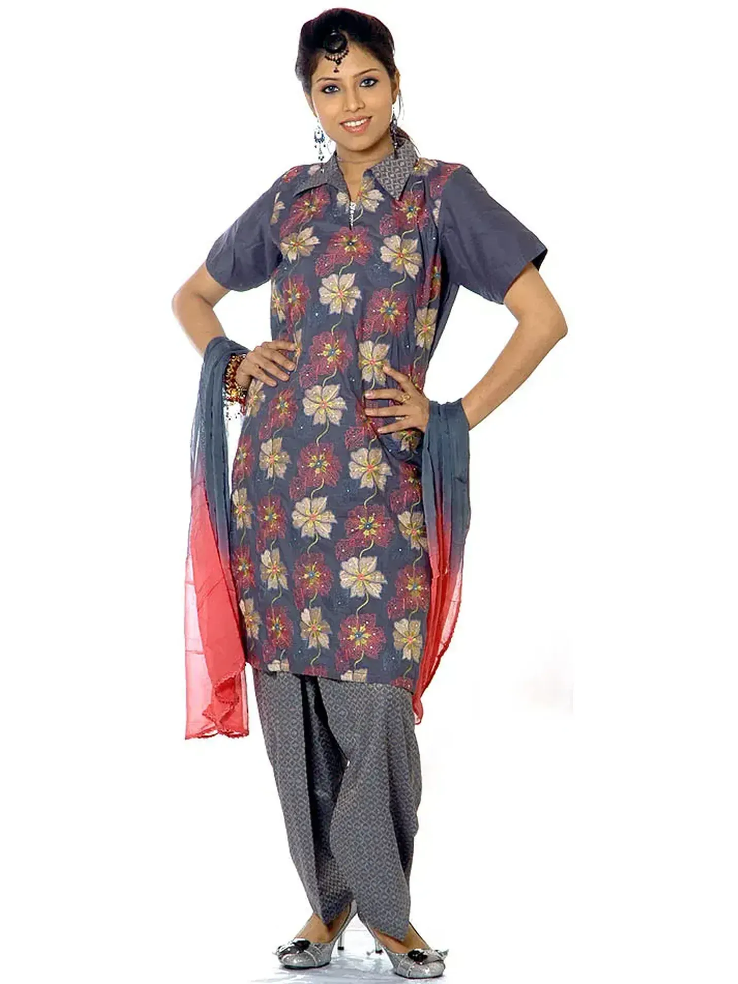 Gray Salwar Suit Fabric with All-Over Floral Aari Embroidery and Crystals