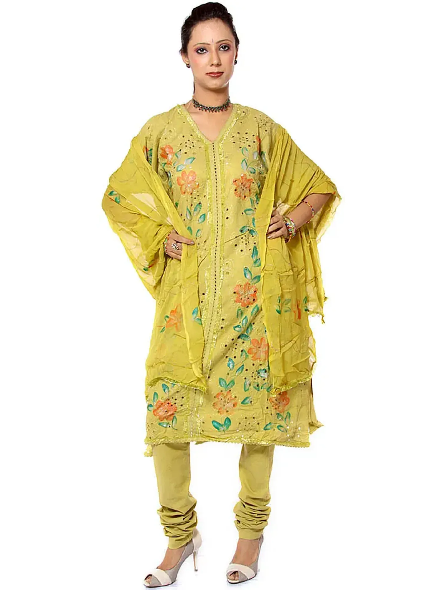 Green Salwar Kameez Fabric with Printed Flowers