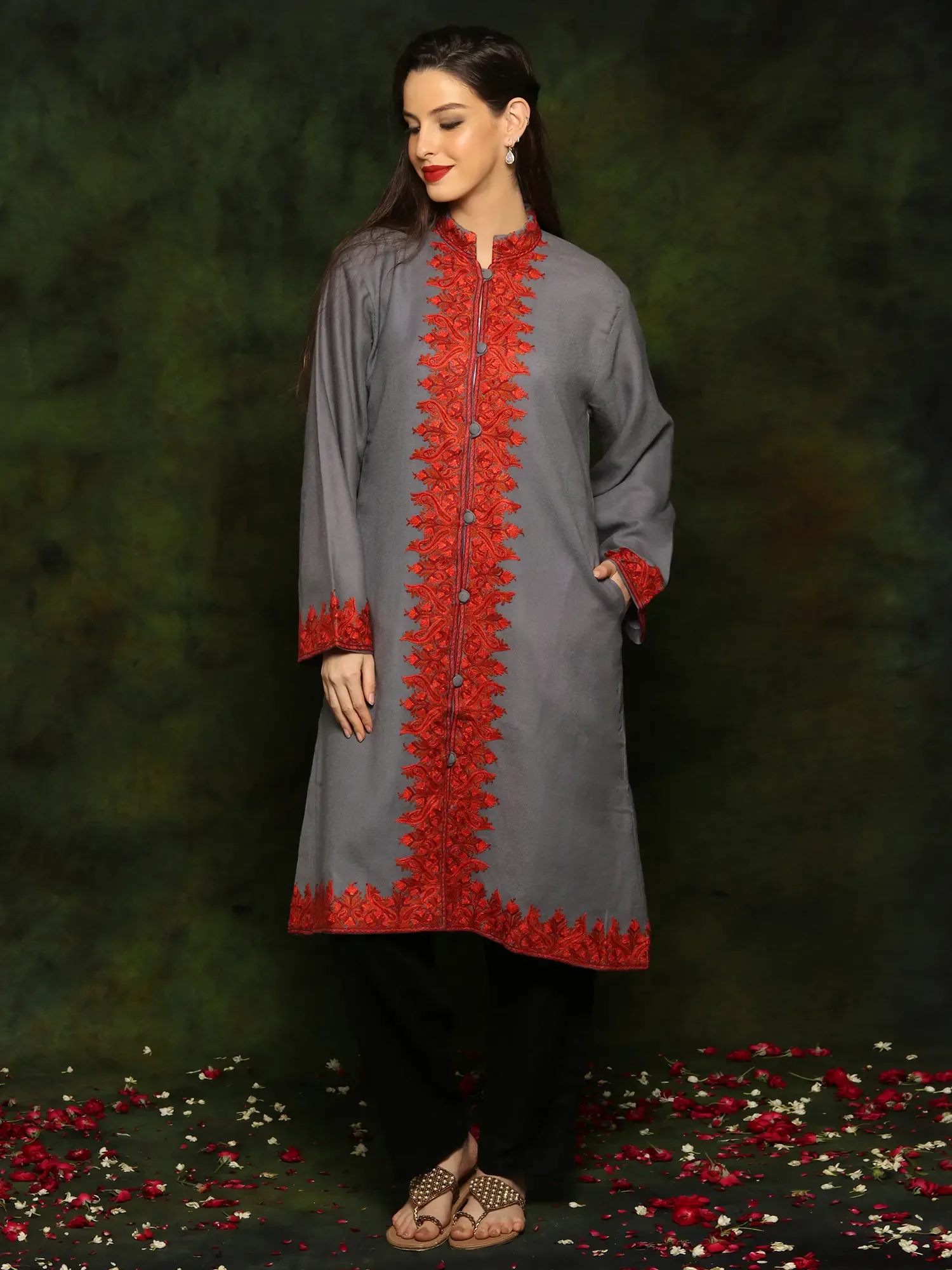Grey Woolen Long Jacket with Detailed Floral and Paisley Red Aari Embroidery From Kashmir, alternate view