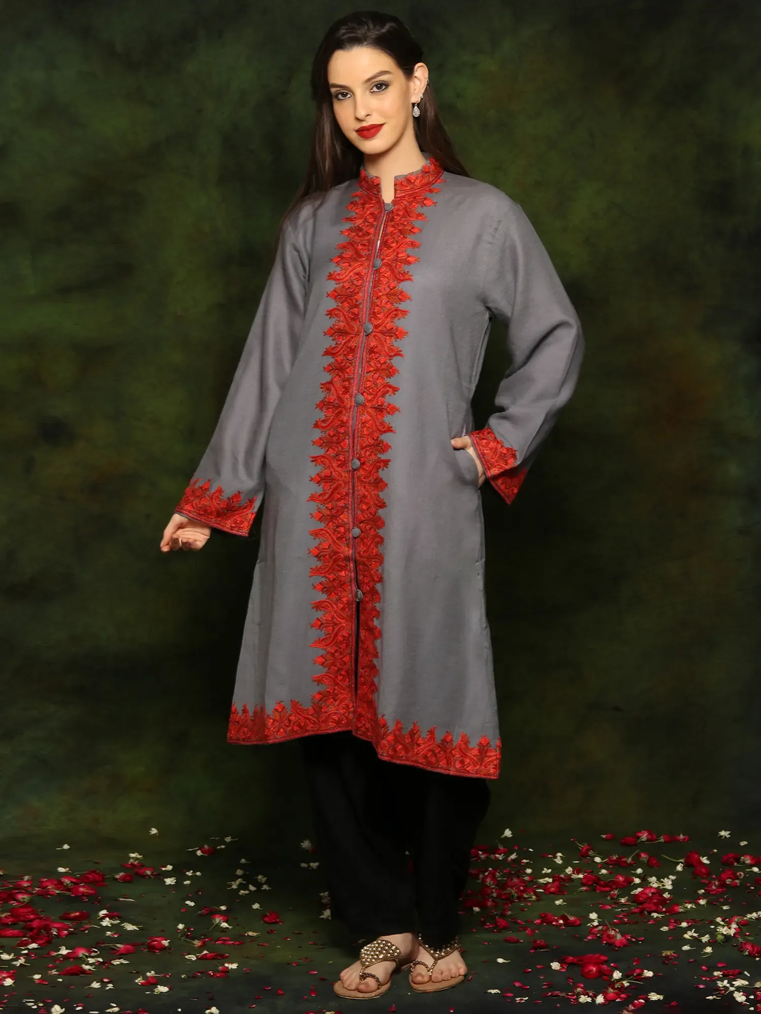 Grey Woolen Long Jacket with Detailed Floral and Paisley Red Aari Embroidery From Kashmir
