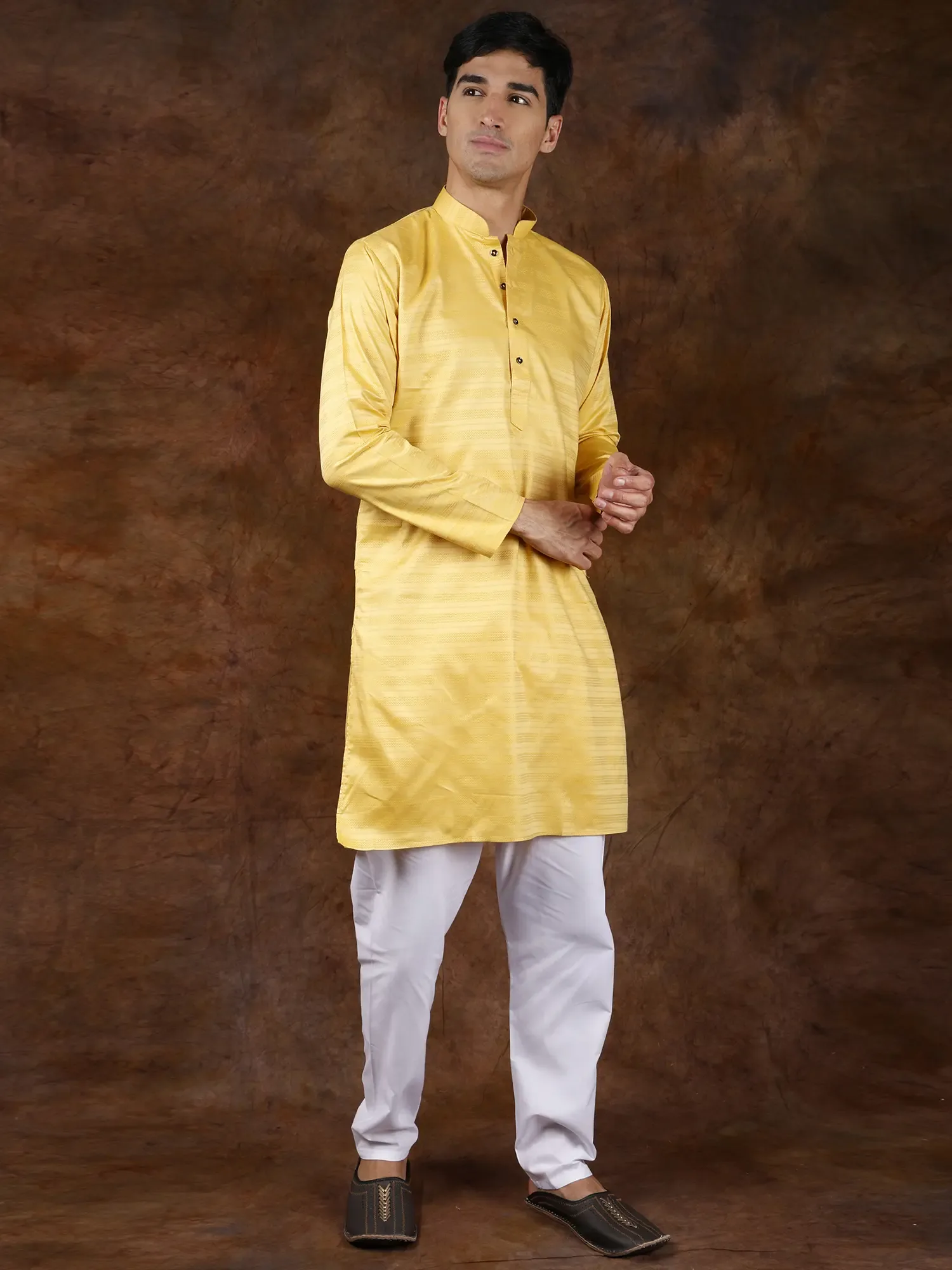 Haldi-Yellow Pure Cotton Kurta Pajama with Chevron Weave, alternate view