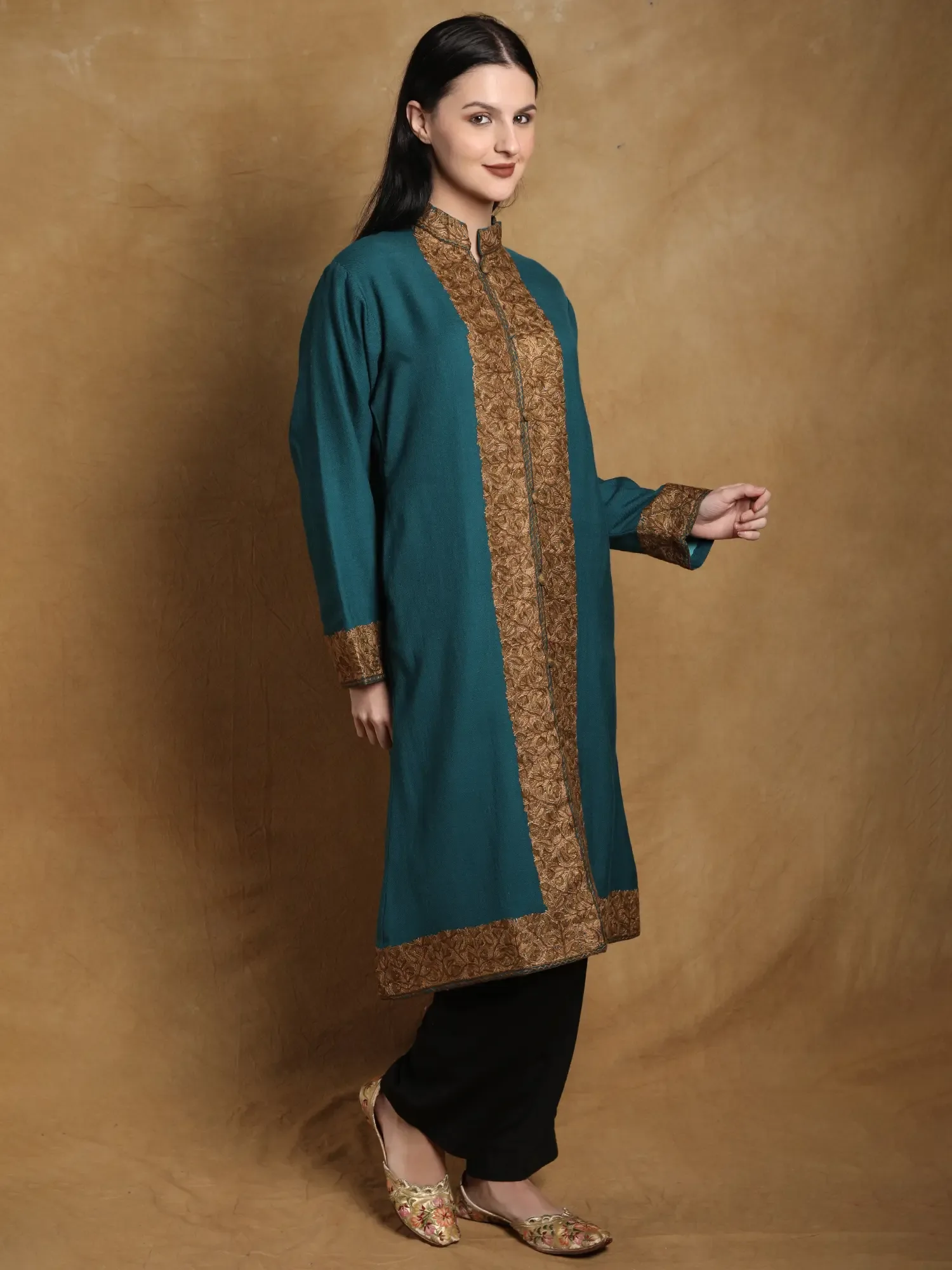 Harbor-Blue Plain Pure Wool Long Jacket from Kashmir with Paisley Aari Embroidery on Border, alternate view